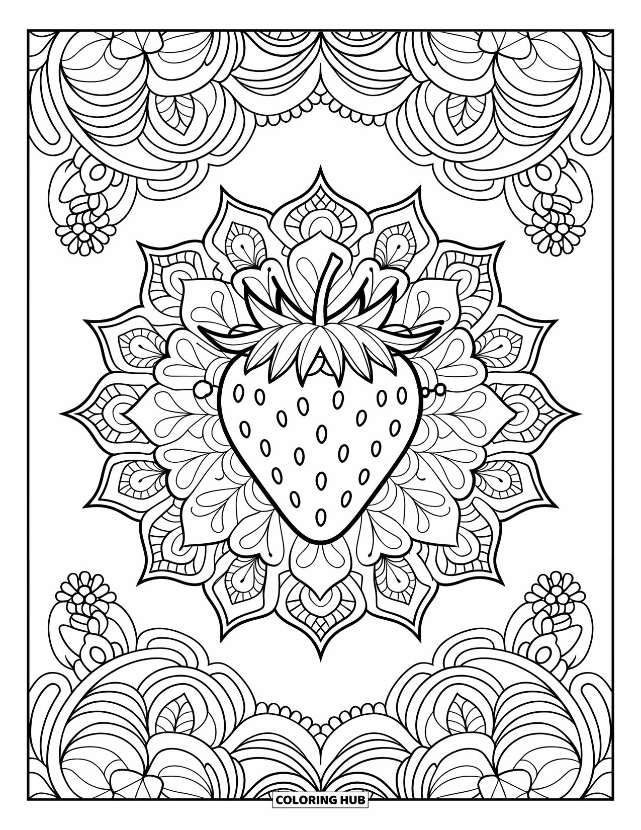 Strawberry Coloring Page for Adults: A complex strawberry mandala with swirling floral designs and decorative elements