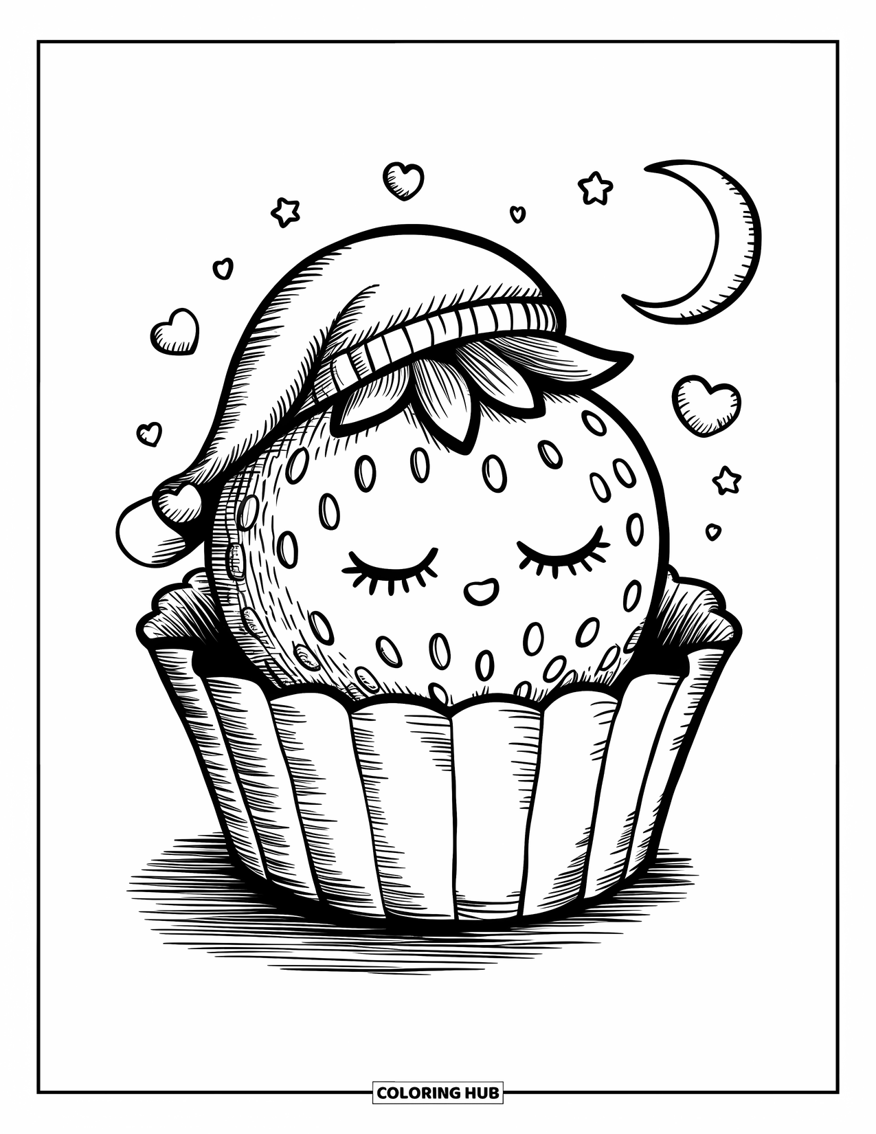 Strawberry Coloring Page for Adults: A cute strawberry naps inside a cupcake liner, surrounded by tiny stars and floating hearts