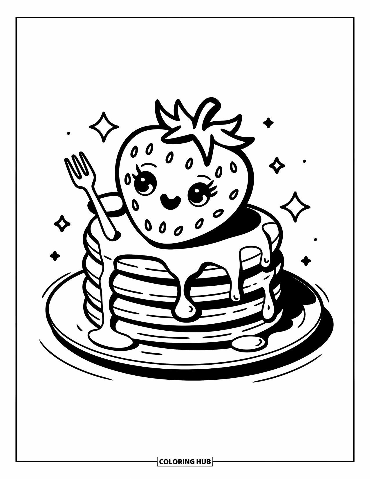 Strawberry Coloring Page for Adults: A cute strawberry with a fork sits on pancakes, with syrup dripping and stars floating around