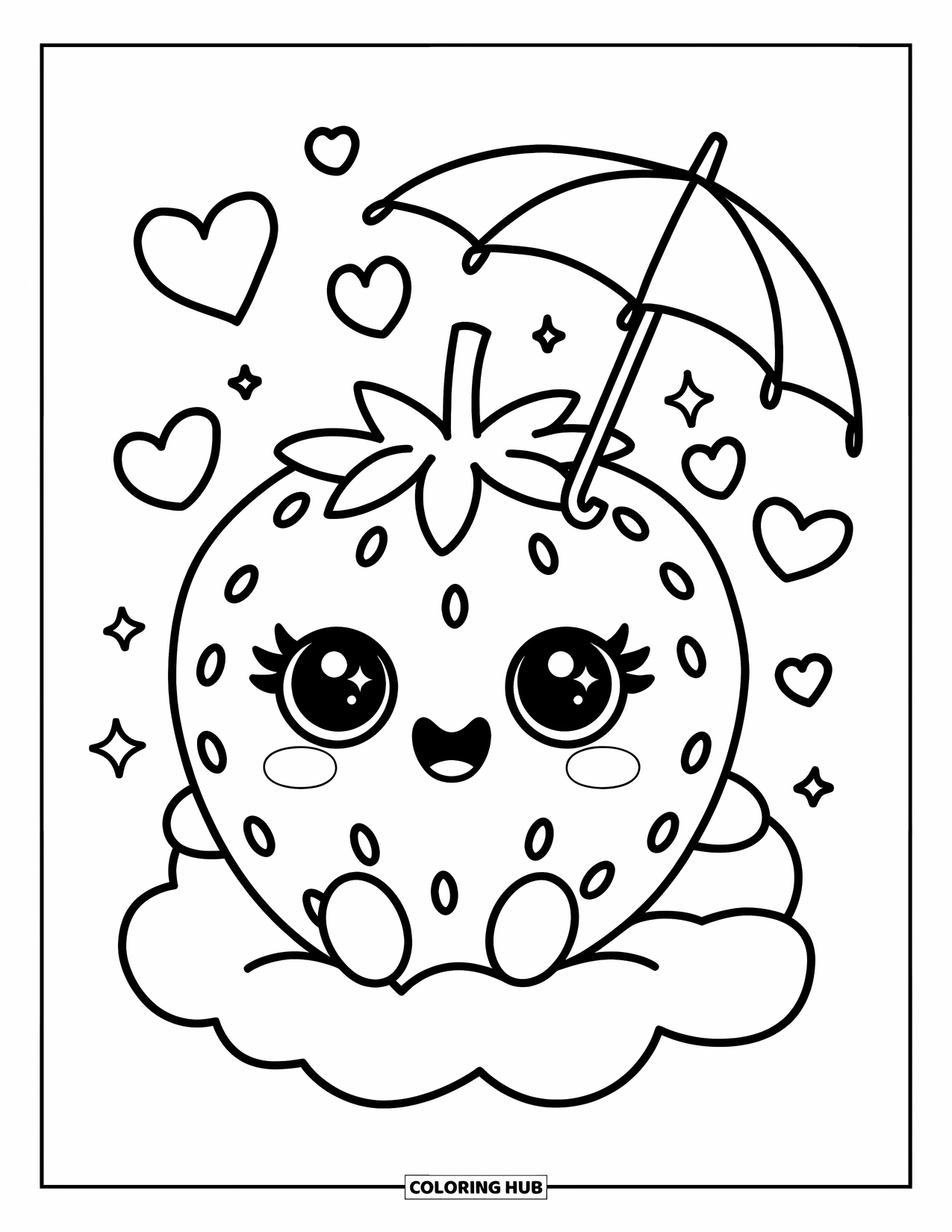 Strawberry Coloring Page for Adults: A cute strawberry with big eyes sits on a cloud, holding an umbrella with floating hearts
