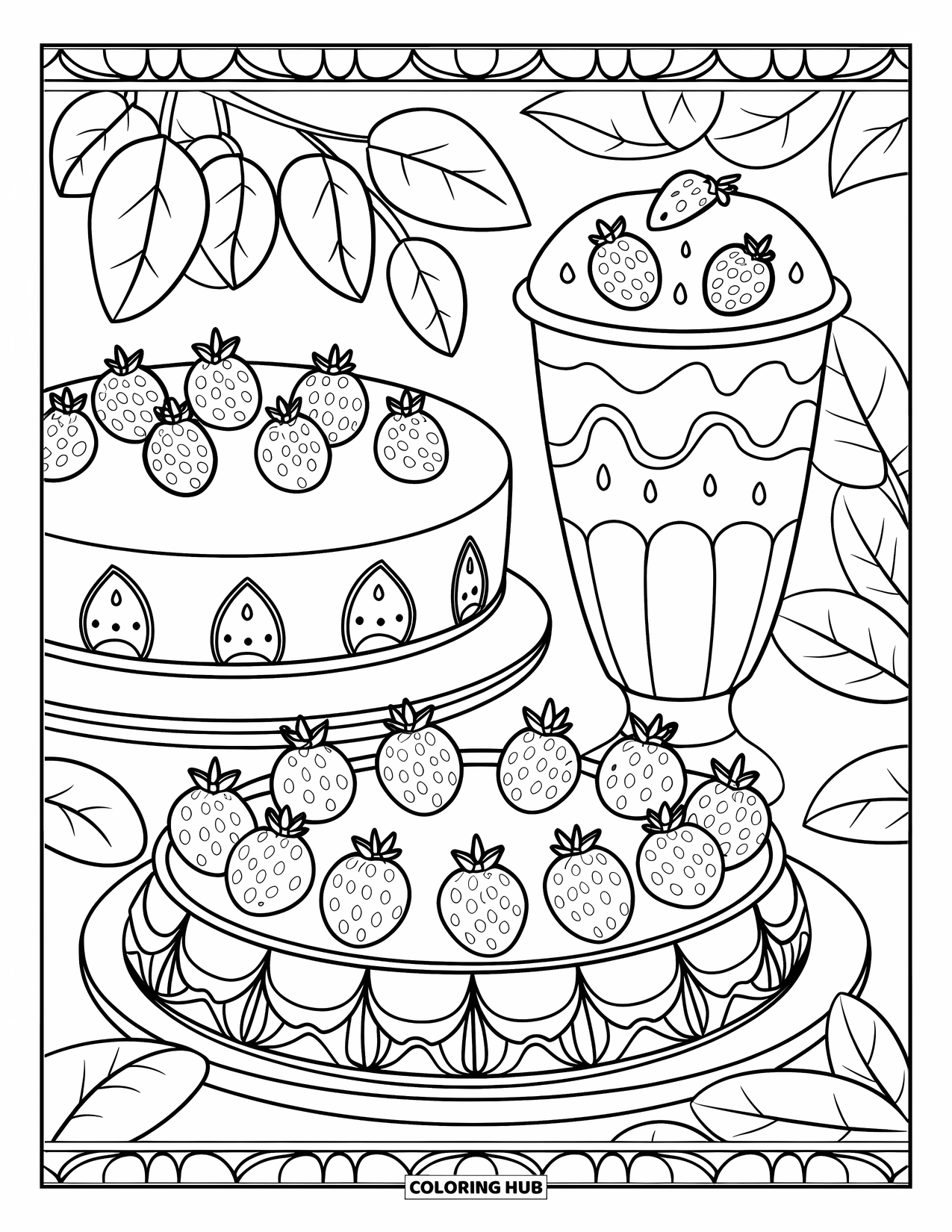 Strawberry Coloring Page for Adults: A decorative strawberry dessert table with patterned cakes and sweet treats