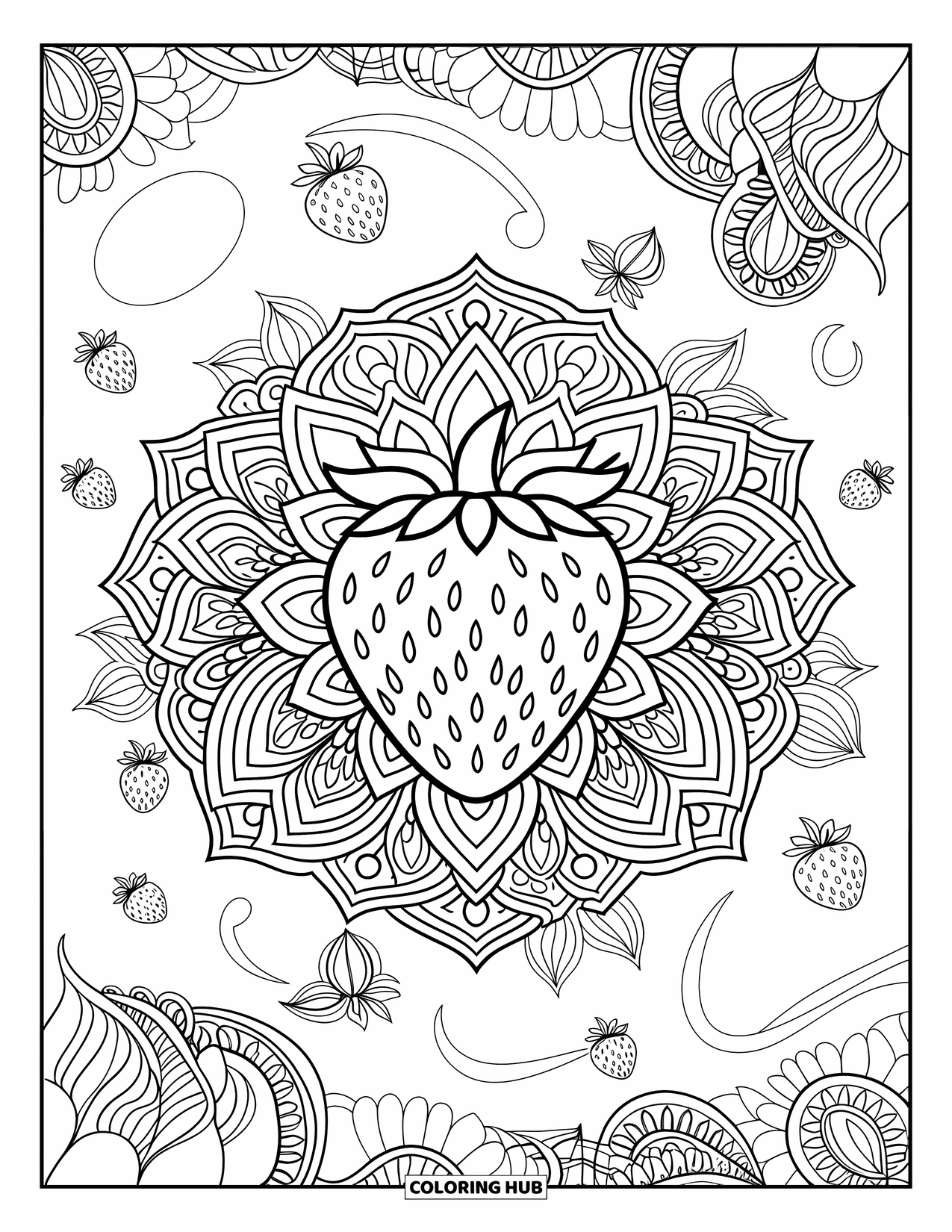 Strawberry Coloring Page for Adults: A decorative strawberry mandala with floral patterns and small strawberries woven throughout