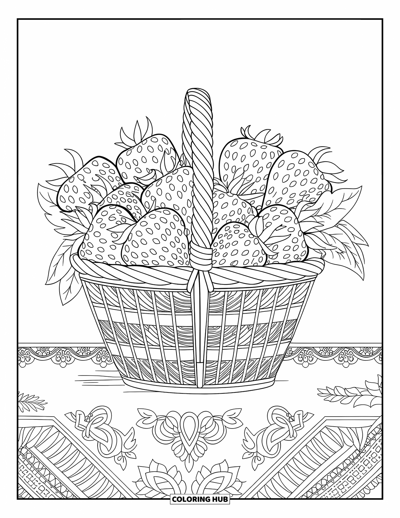 Strawberry Coloring Page for Adults: A detailed basket of strawberries with floral accents, perfect for relaxing coloring