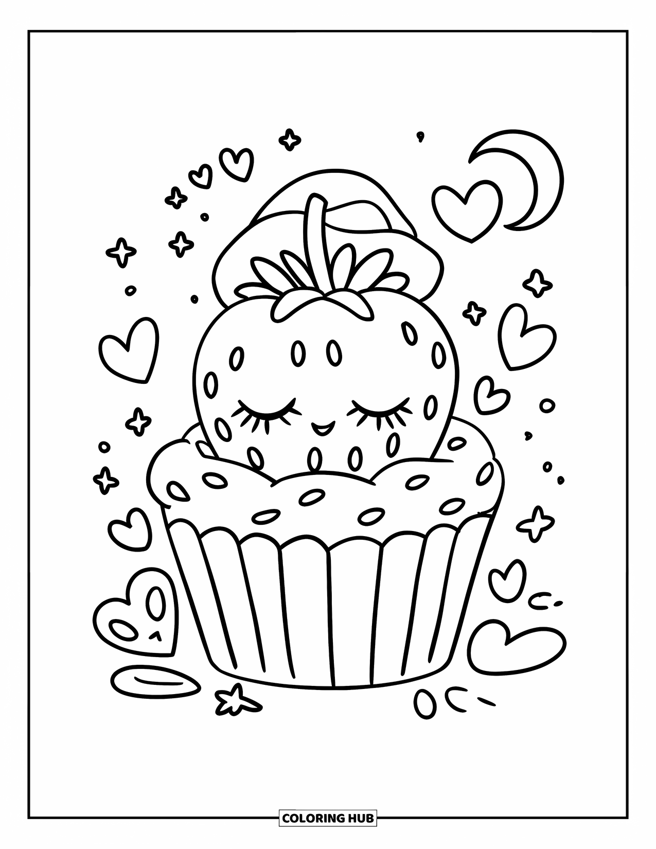 Strawberry Coloring Page for Adults: A dreamy strawberry snoozes inside a cupcake wrapper, with floating hearts and a glowing moon