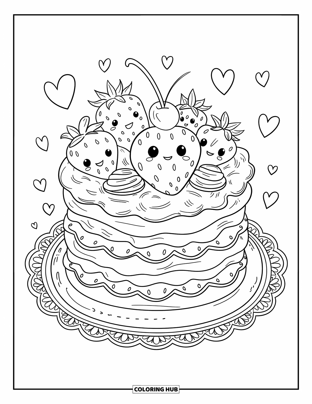 Strawberry Coloring Page for Adults: A fluffy strawberry shortcake topped with smiling berries, a cherry, and floating hearts
