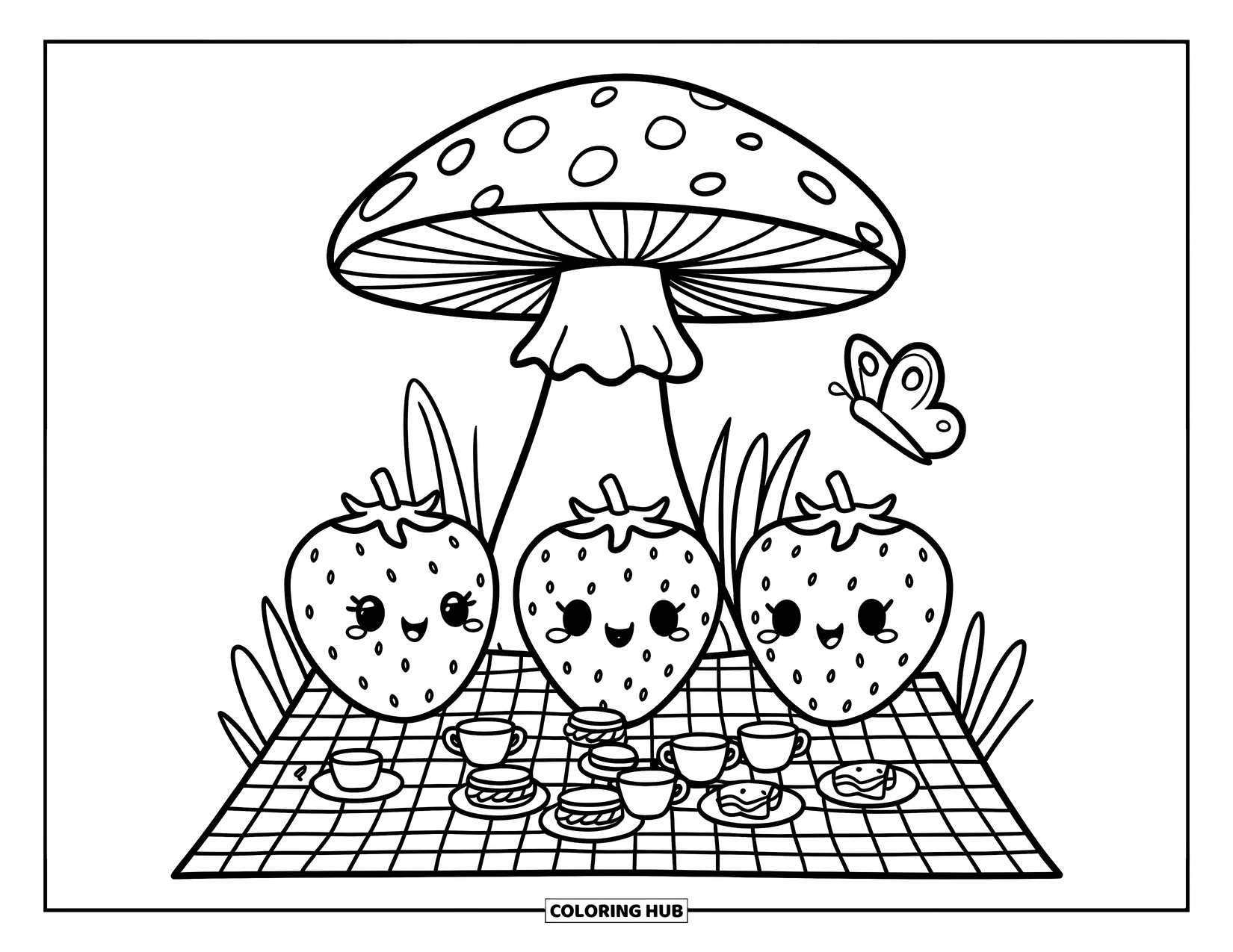 Strawberry Coloring Page for Adults: A group of strawberries sits under a mushroom, sharing tea, sandwiches, and cookies