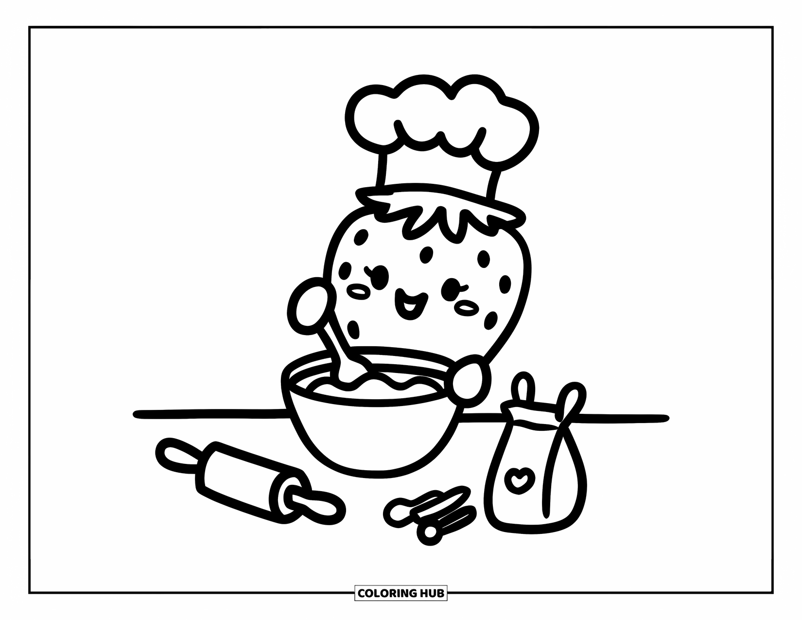 Strawberry Coloring Page for Adults: A happy strawberry chef stirs a bowl of batter with a rolling pin and flour nearby