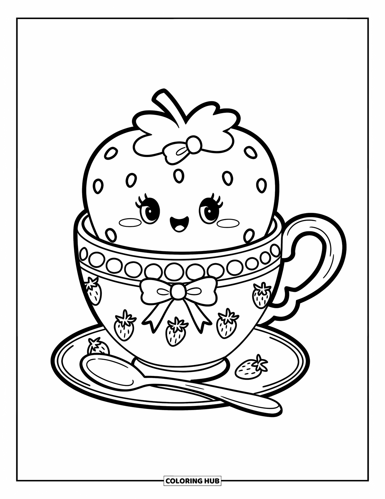 Strawberry Coloring Page for Adults: A happy strawberry peeks from a decorated teacup, with a heart-shaped handle and tiny spoon
