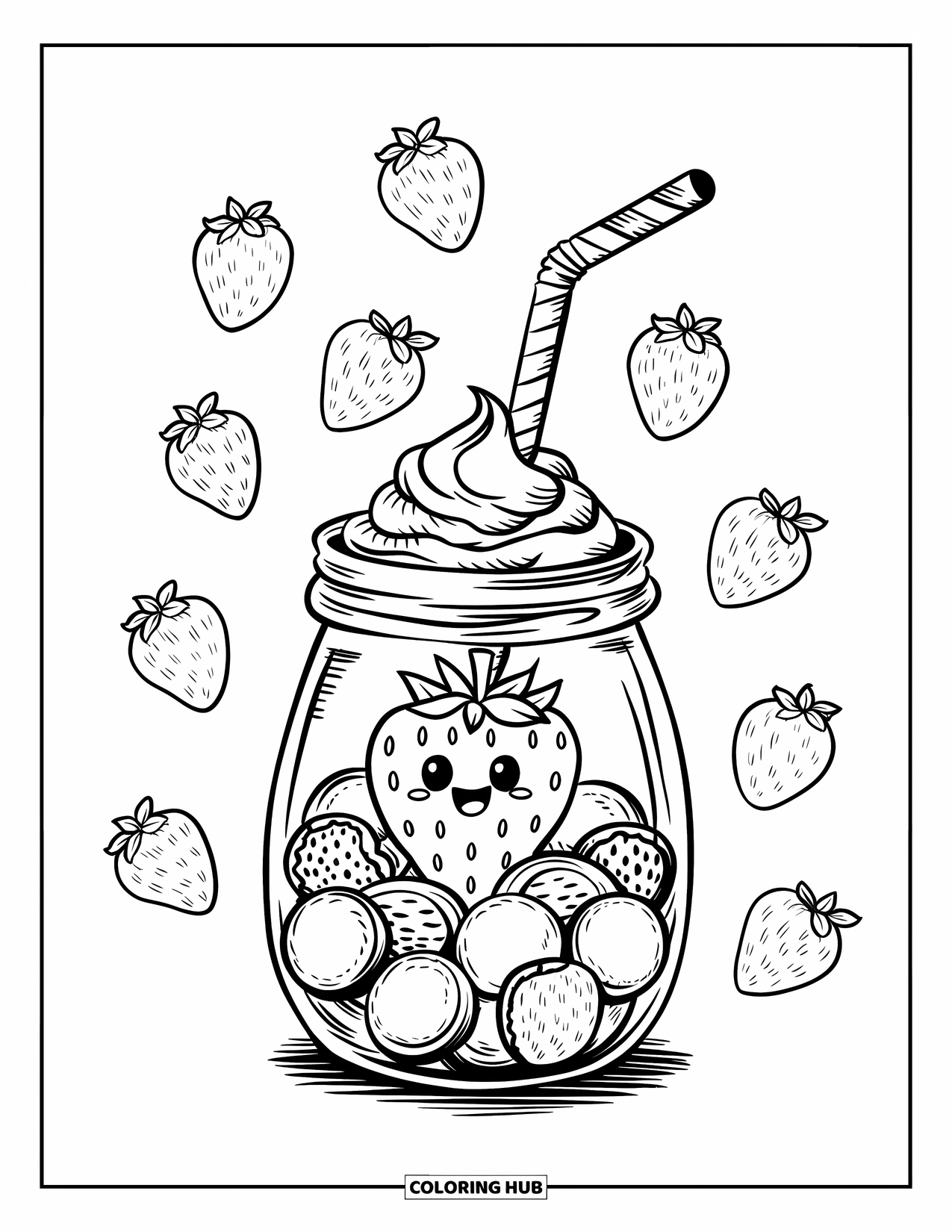 Strawberry Coloring Page for Adults: A happy strawberry peeks from a dessert jar filled with whipped cream and cookies