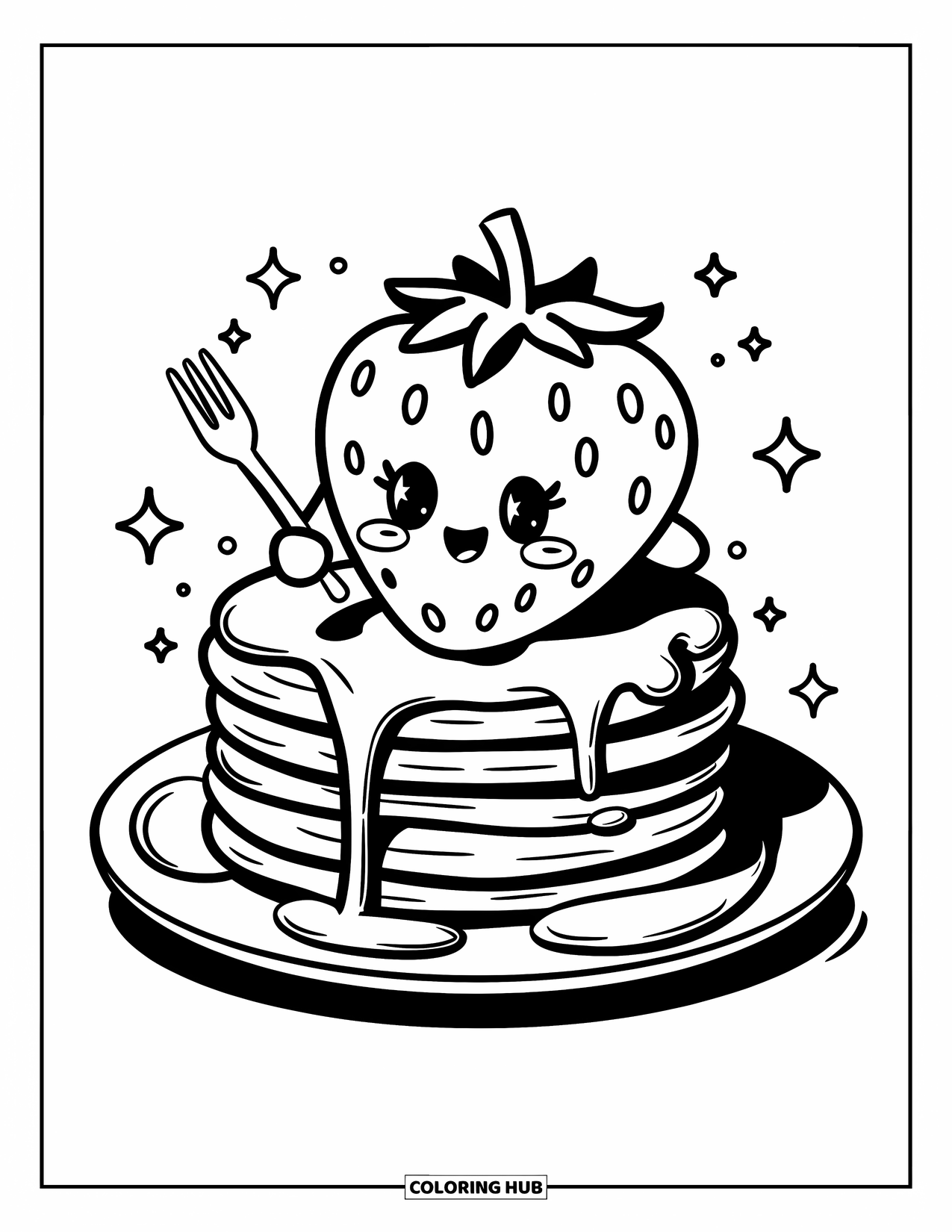Strawberry Coloring Page for Adults: A happy strawberry perches on syrupy pancakes, surrounded by sparkles and tiny floating stars