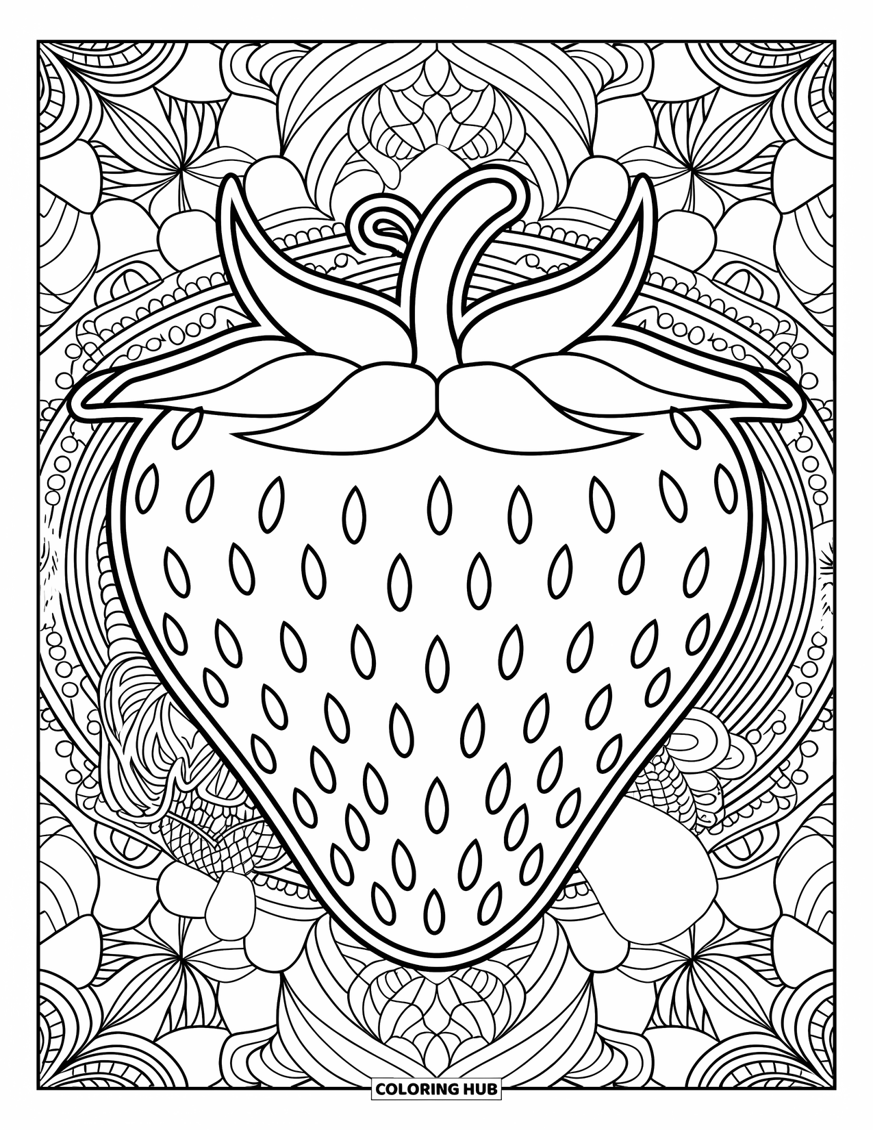 Strawberry Coloring Page for Adults: A highly detailed strawberry mandala with floral and geometric patterns