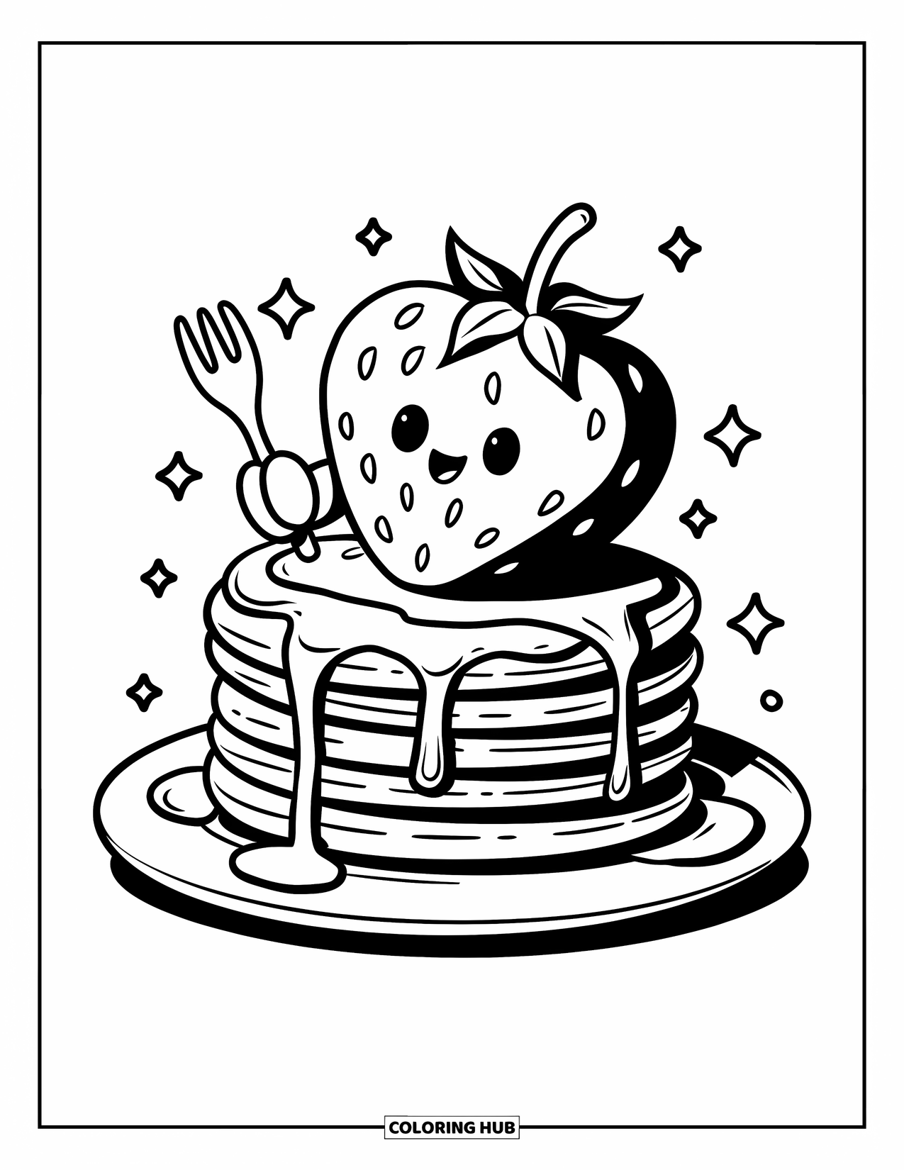 Strawberry Coloring Page for Adults: A kawaii strawberry sits on a fluffy pancake stack, holding a tiny fork, ready to eat