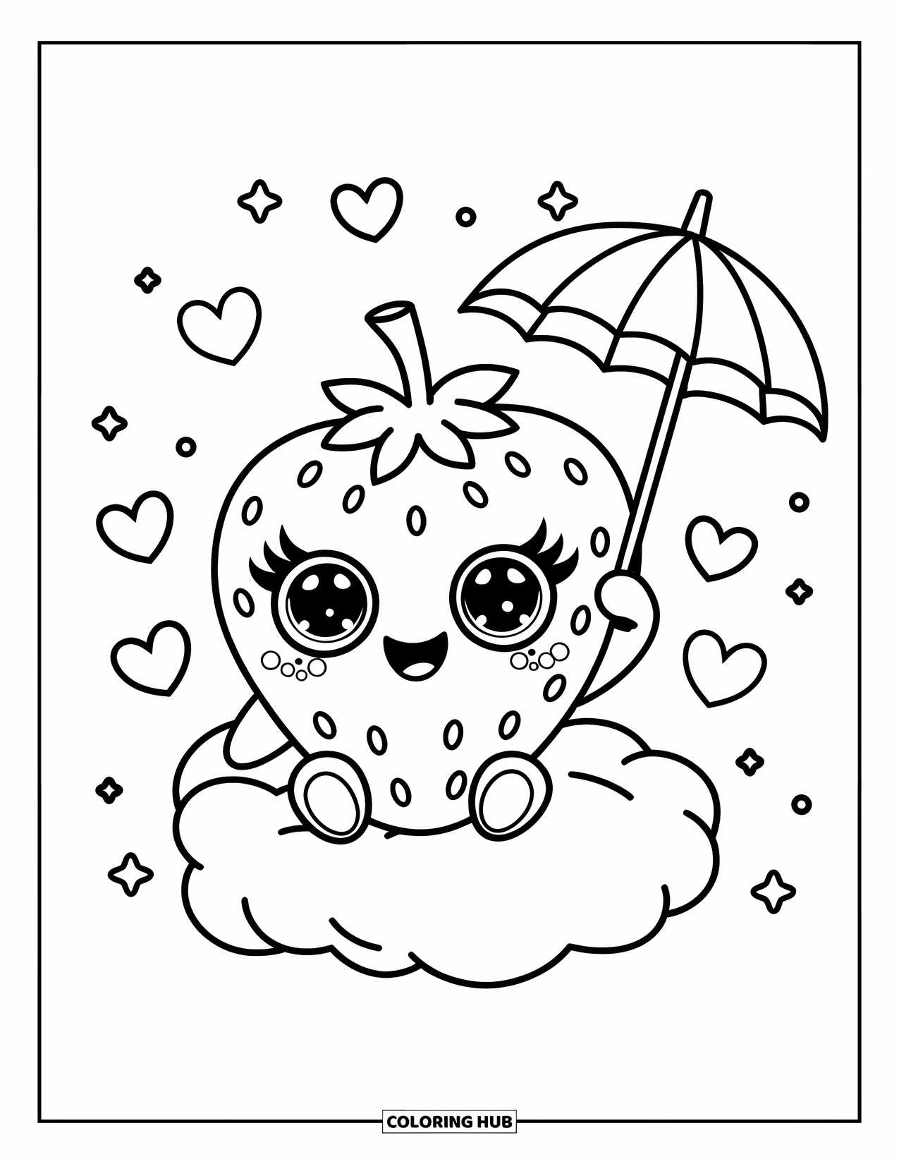 Strawberry Coloring Page for Adults: A kawaii strawberry with sparkling eyes sits on a fluffy cloud, holding a tiny umbrella