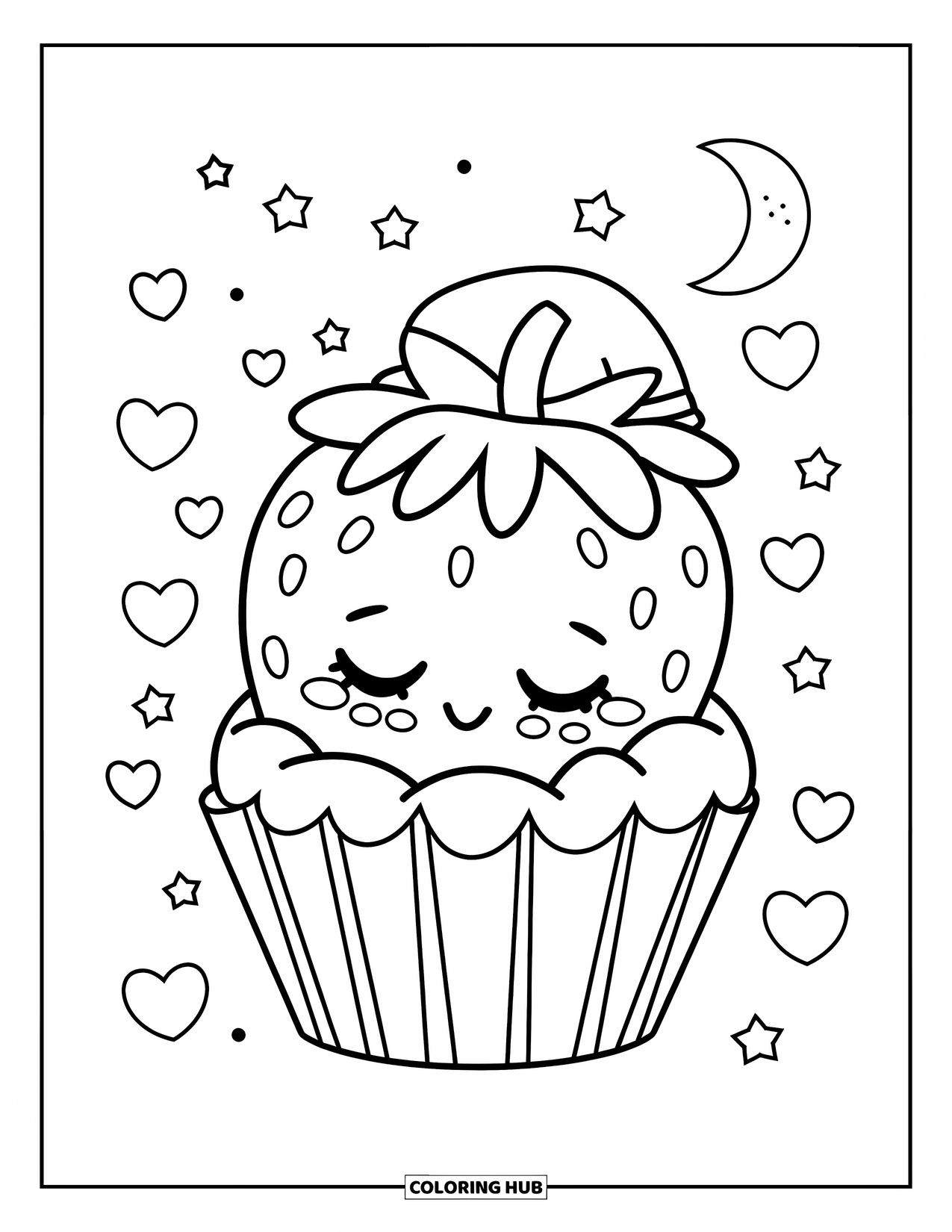 Strawberry Coloring Page for Adults: A sleepy strawberry snuggles in a cupcake wrapper, wearing a tiny nightcap under a glowing moon
