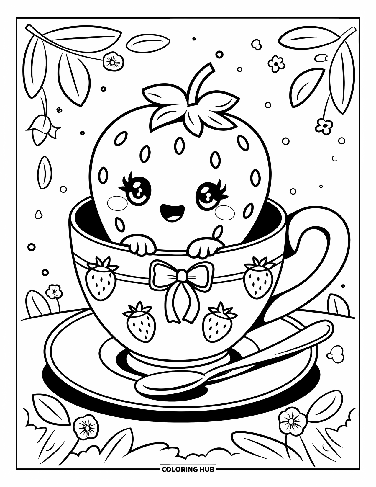Strawberry Coloring Page for Adults: A smiling strawberry in a cute teacup, with tiny bows, hearts, and a matching saucer