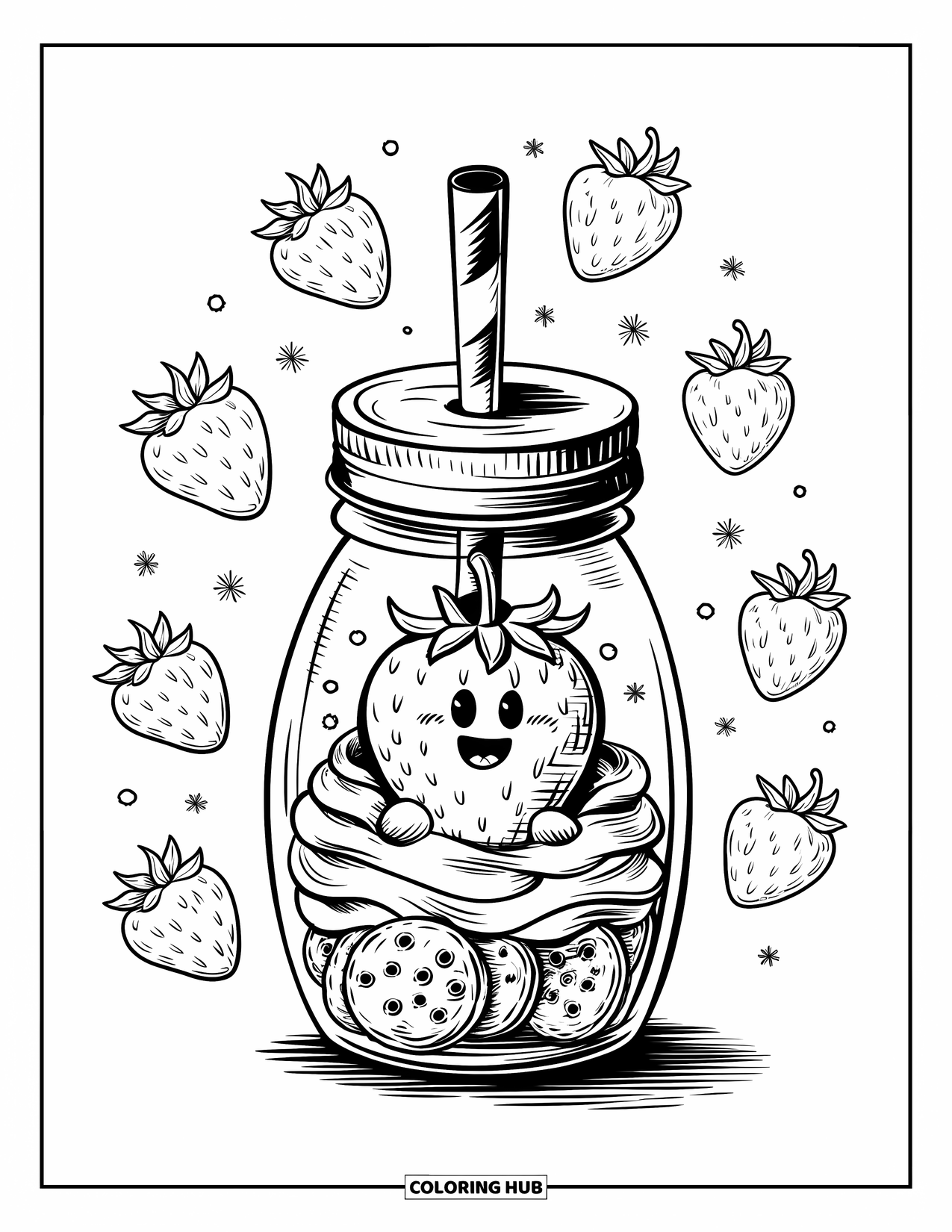 Strawberry Coloring Page for Adults: A smiling strawberry sits in a whipped cream-filled dessert jar with playful floating strawberries