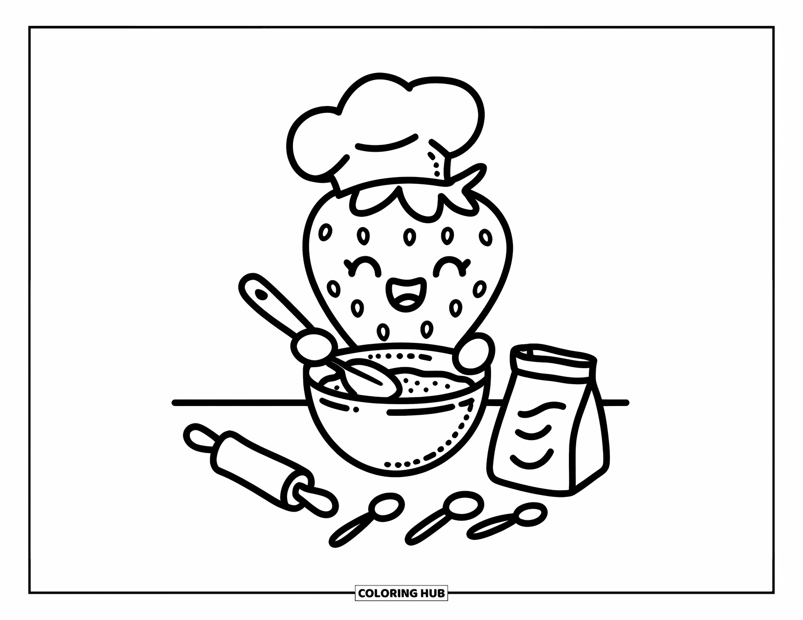 Strawberry Coloring Page for Adults: A smiling strawberry with a tiny chef hat stirs batter while baking ingredients sit nearby