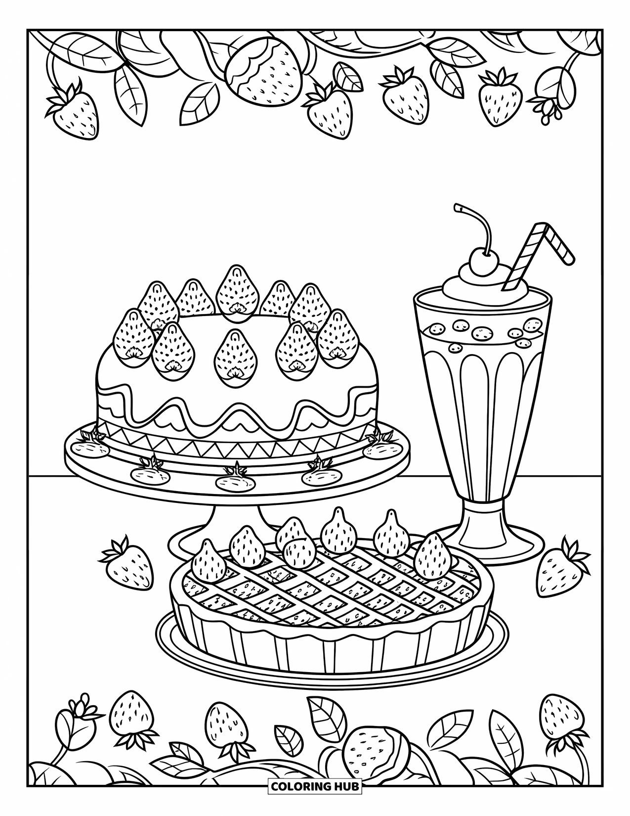 Strawberry Coloring Page for Adults: A strawberry-themed dessert spread featuring cake, tart, and a milkshake