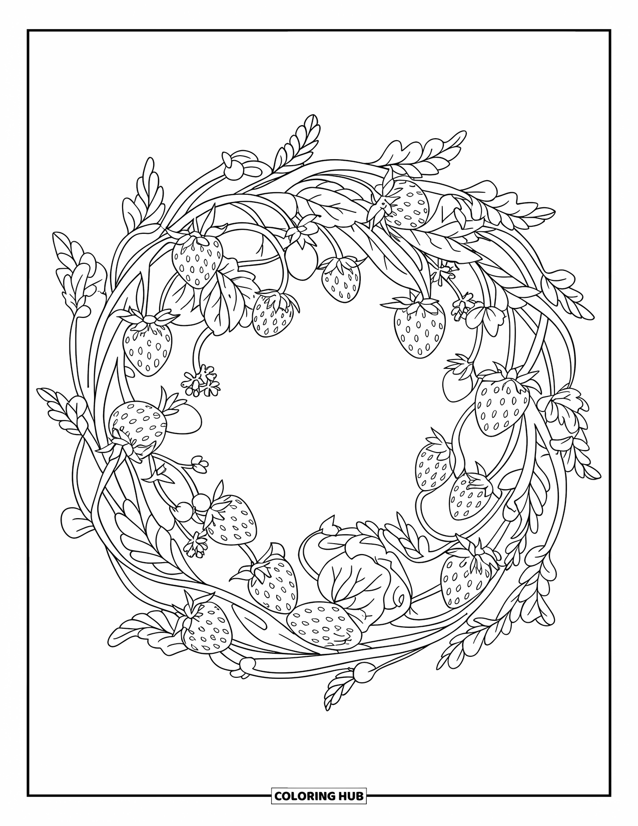 Strawberry Coloring Page for Adults: A strawberry wreath made of intertwined vines, berries, and blossoms