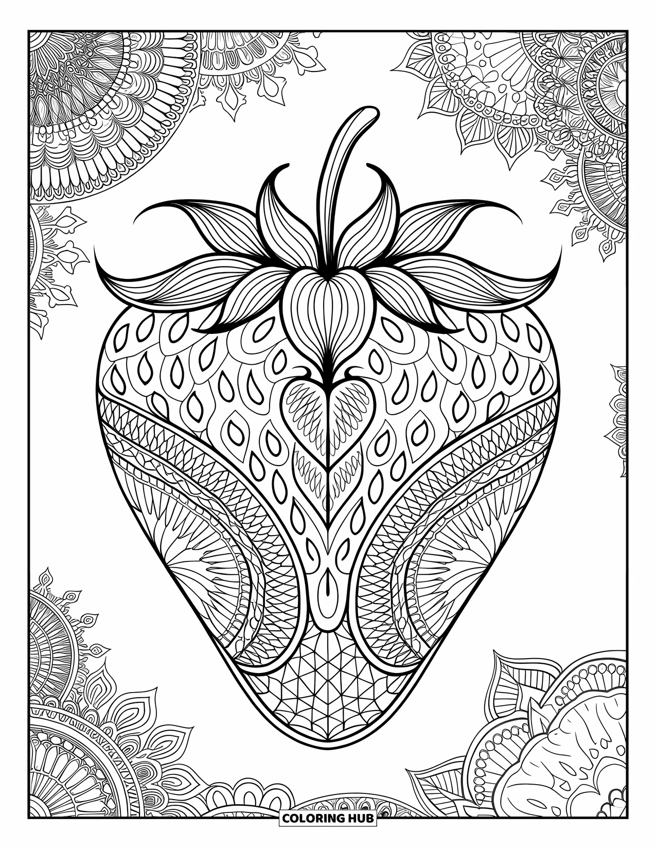 Strawberry Coloring Page for Adults: A symmetrical mandala with strawberries, flowers, and intricate geometric shapes