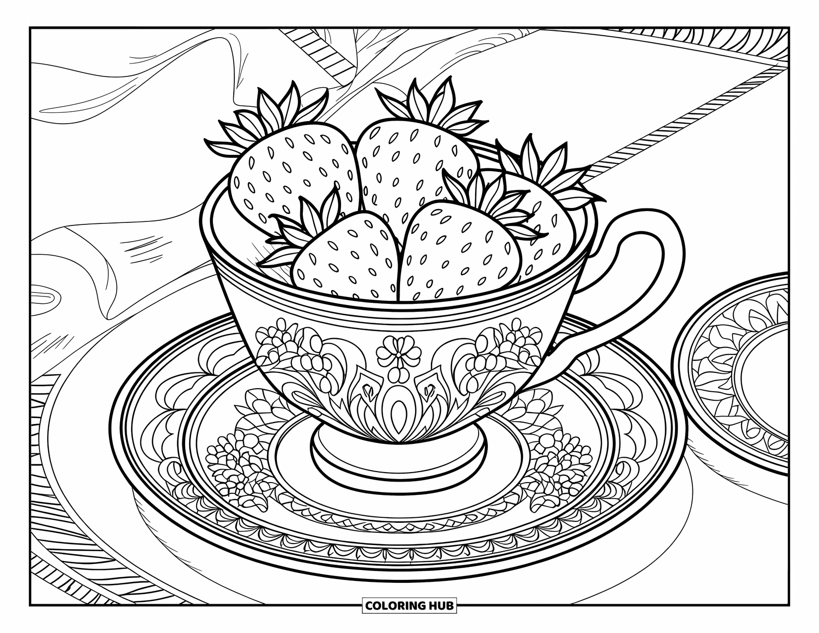 Strawberry Coloring Page for Adults: A teacup filled with strawberries, featuring elegant floral accents and a detailed saucer
