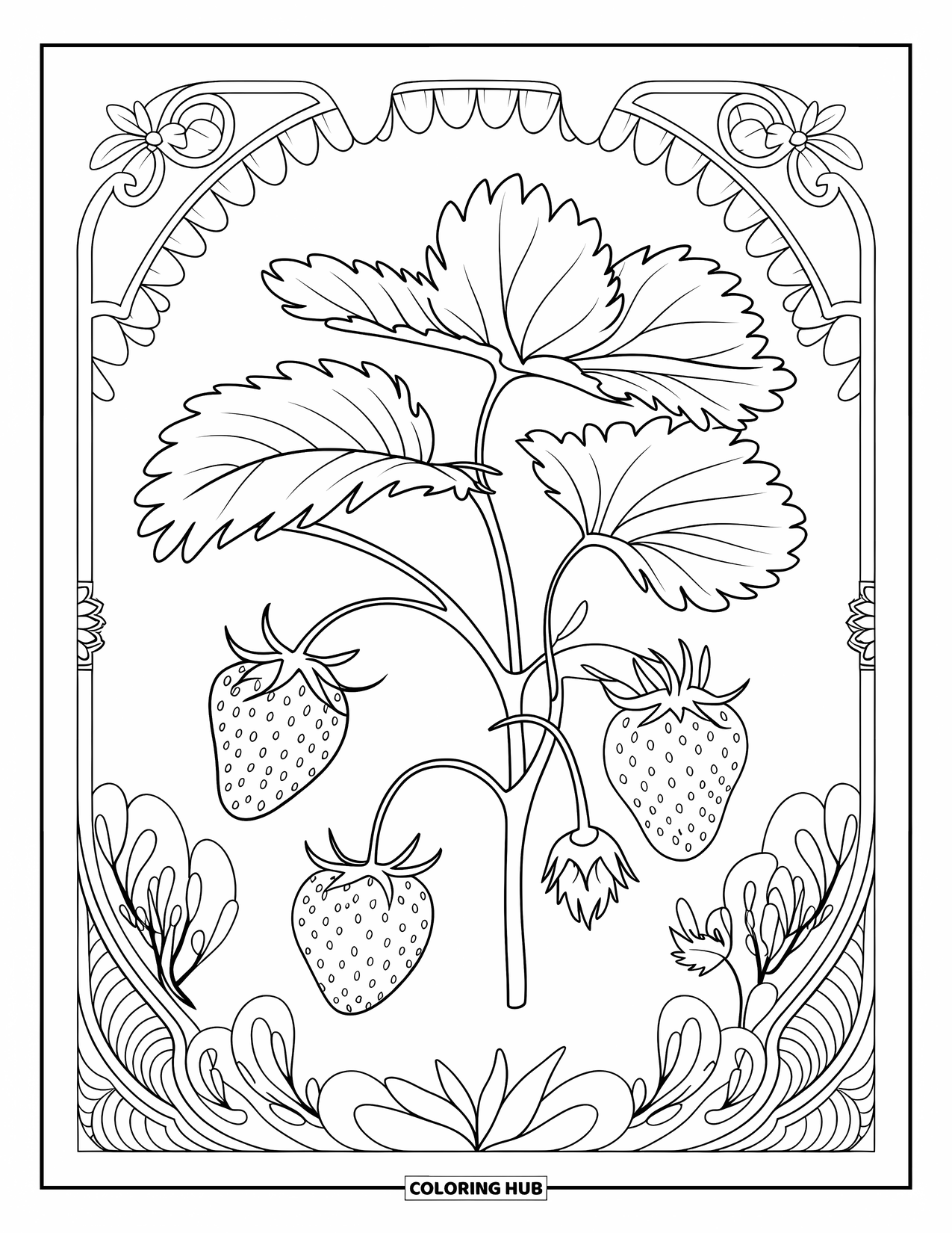 Strawberry Coloring Page for Adults: A vintage botanical print of a strawberry plant with intricate detailing