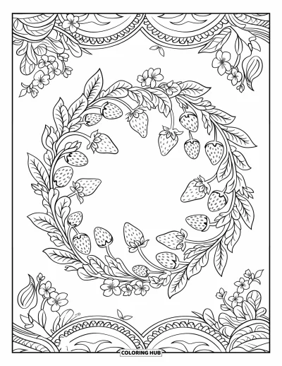 Jordgubbs-målarbild för vuxna: En invecklad jordgubbskrans med blad och blommor som formar en elegant cirkel