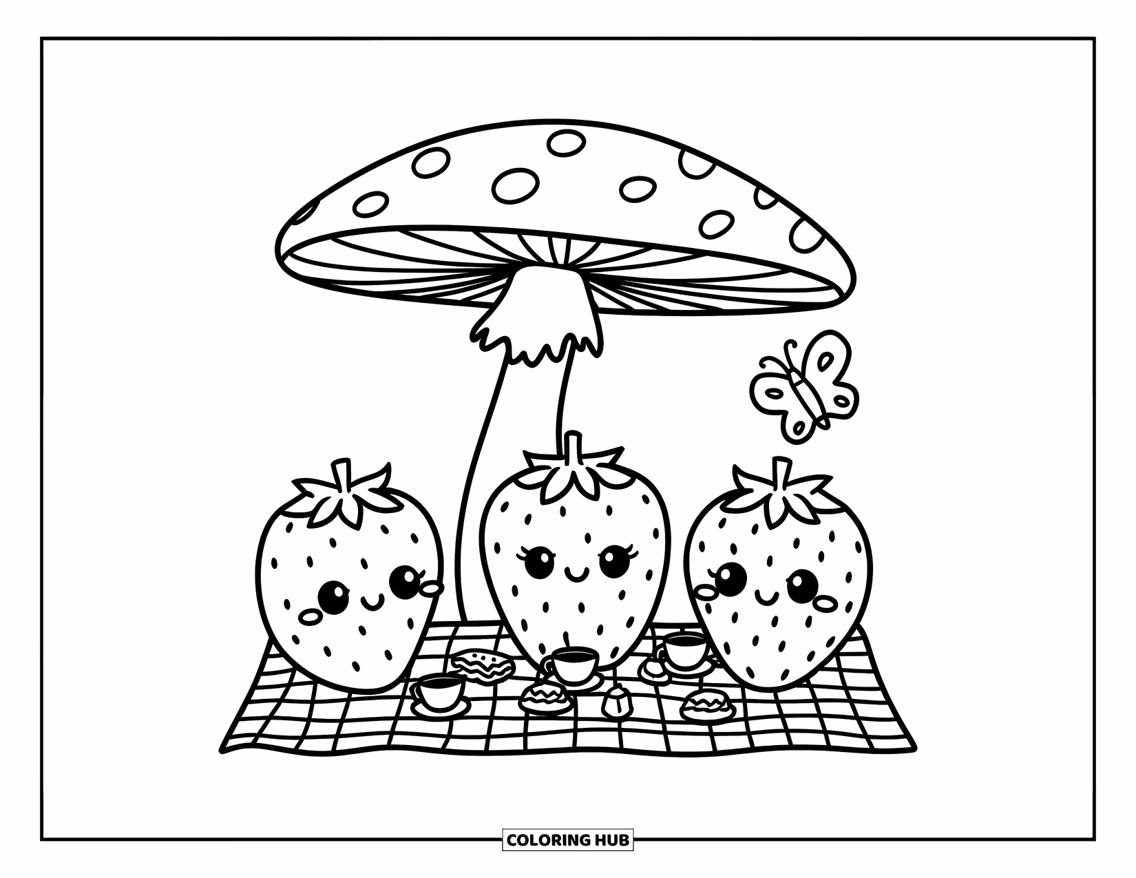 Strawberry Coloring Page for Adults: Three strawberries have a picnic under a big mushroom, with tiny butterflies fluttering nearby