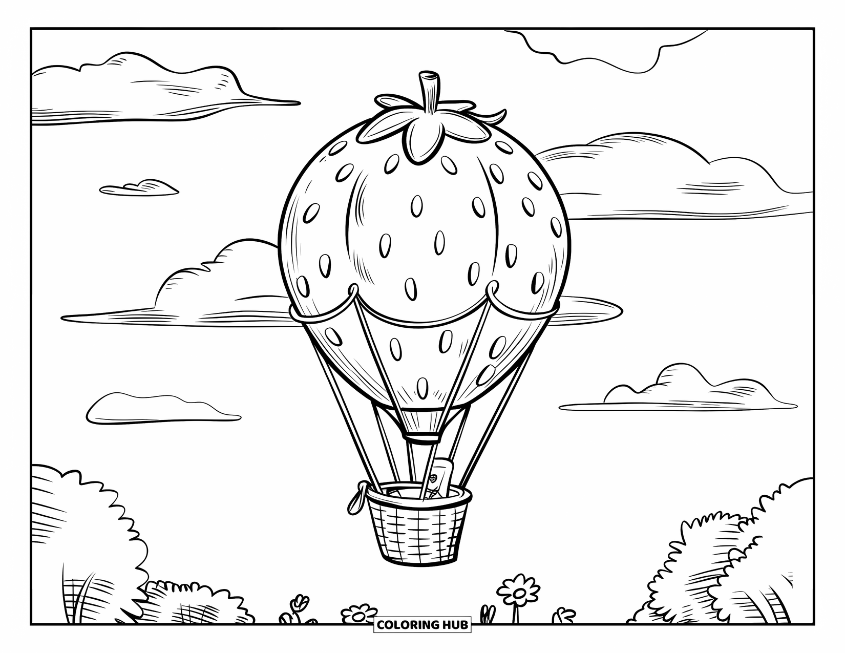 Strawberry Coloring Page for Kids: A balloon shaped like a strawberry floats above a field with a basket below
