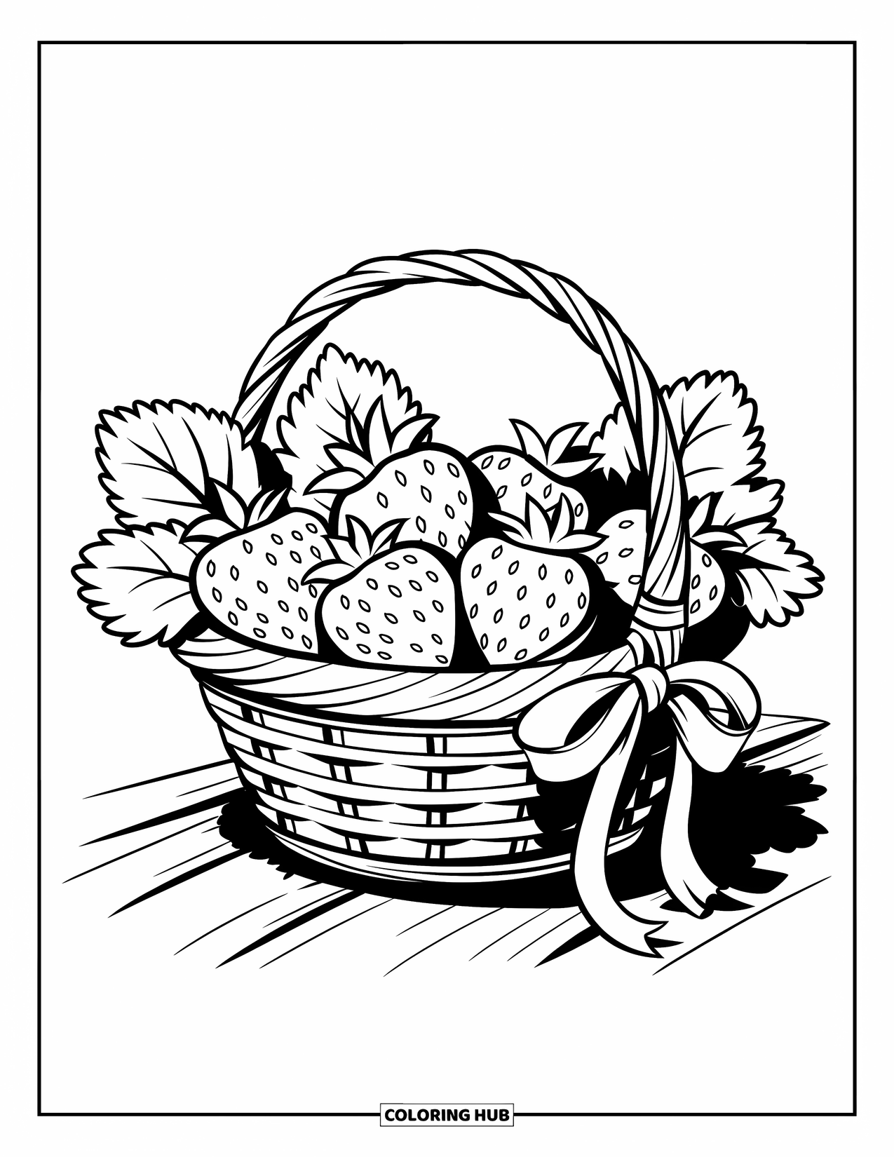 Strawberry Coloring Page for Kids: A basket full of strawberries, tied with a decorative ribbon and placed on a wooden surface