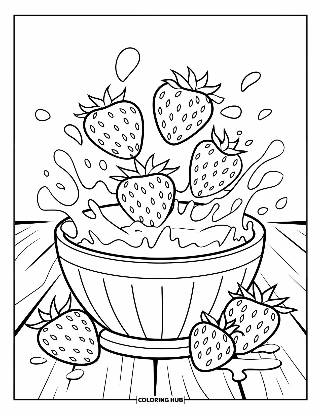 Strawberry Coloring Page for Kids: A bowl of milk with strawberries falling in, creating a dynamic splash effect
