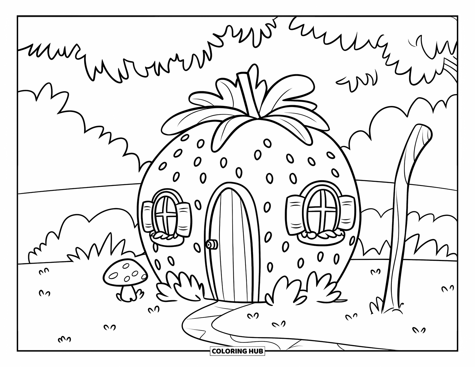 Strawberry Coloring Page for Kids: A charming strawberry house with a thatched roof, standing in a lush field