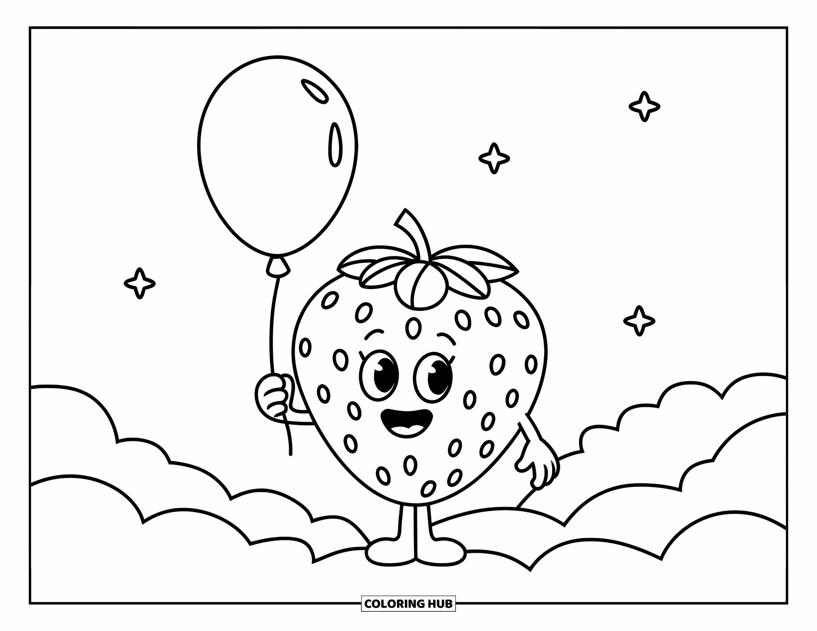 Strawberry Coloring Page for Kids: A cheerful strawberry character holds a balloon while standing on a fluffy cloud