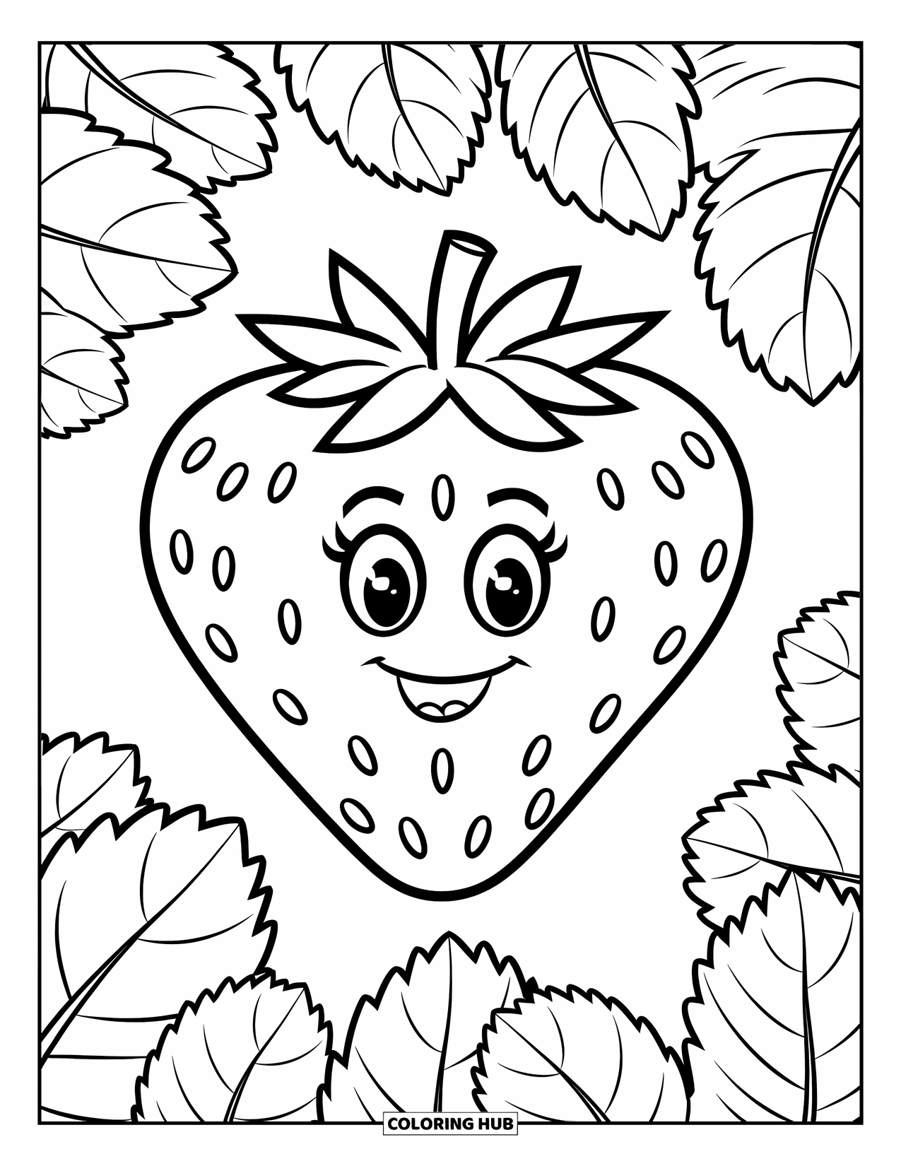 Strawberry Coloring Page for Kids: A cheerful strawberry with a smiling face, surrounded by big leafy details