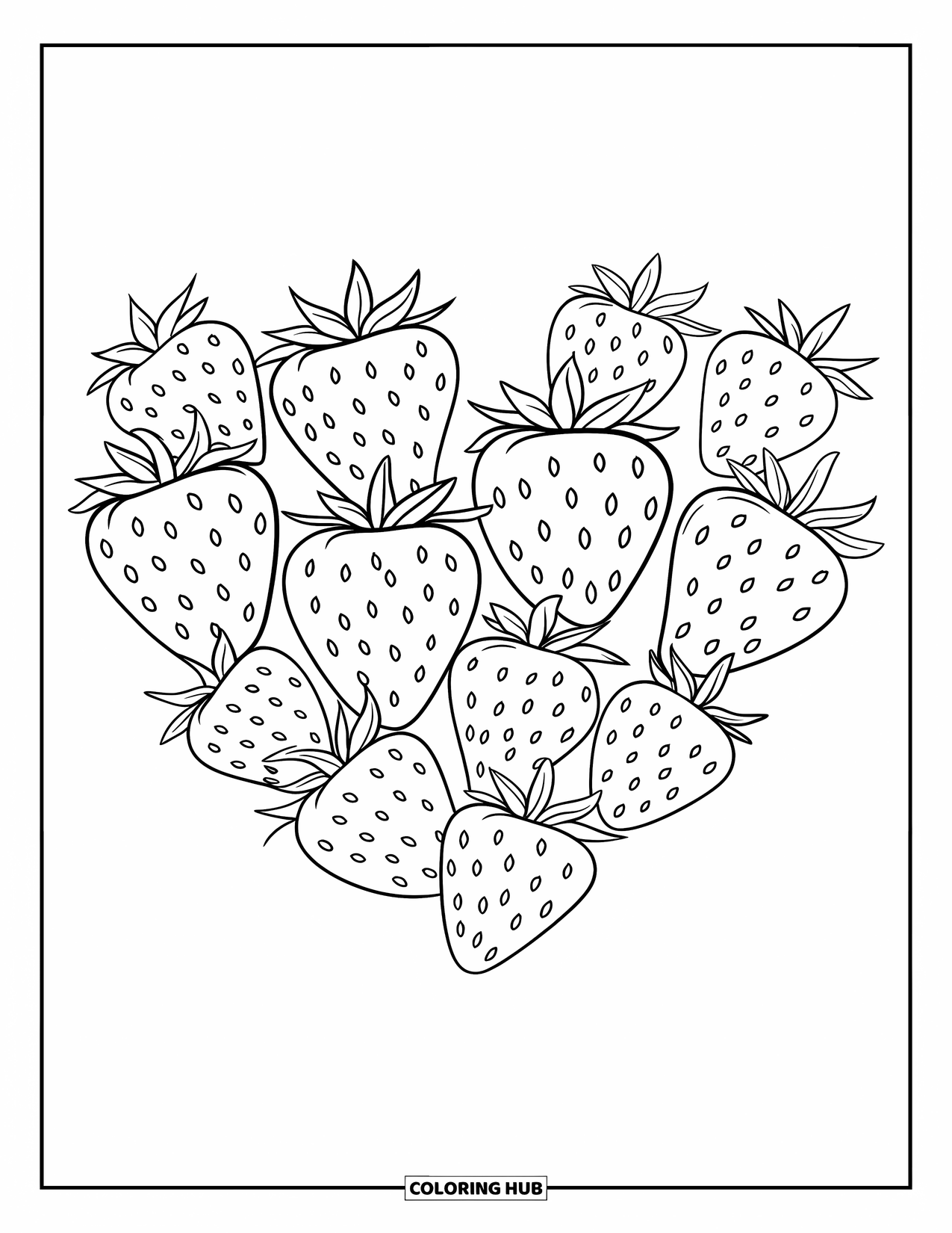 Strawberry Coloring Page for Kids: A cluster of strawberries forming a heart shape, with clean, bold outlines