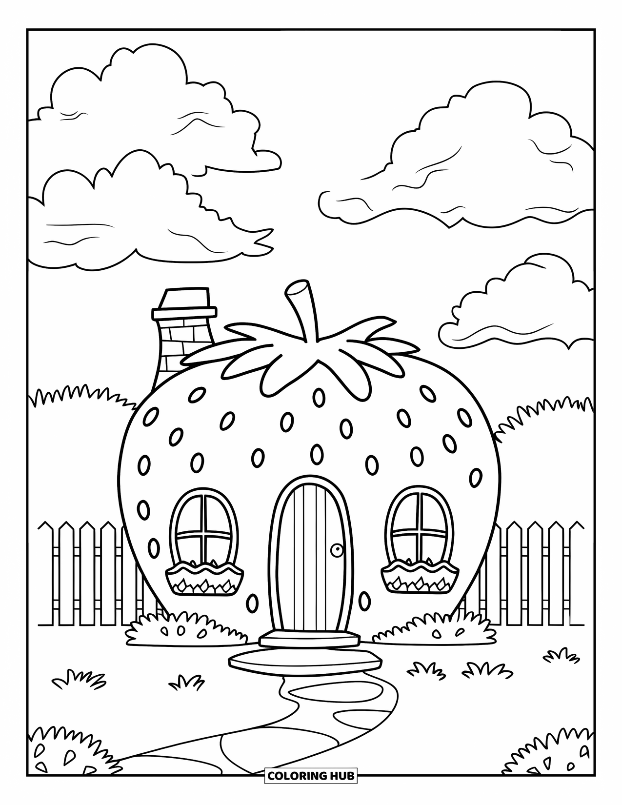 Strawberry Coloring Page for Kids: A cozy strawberry house with a fence, grass, and fluffy clouds in the sky