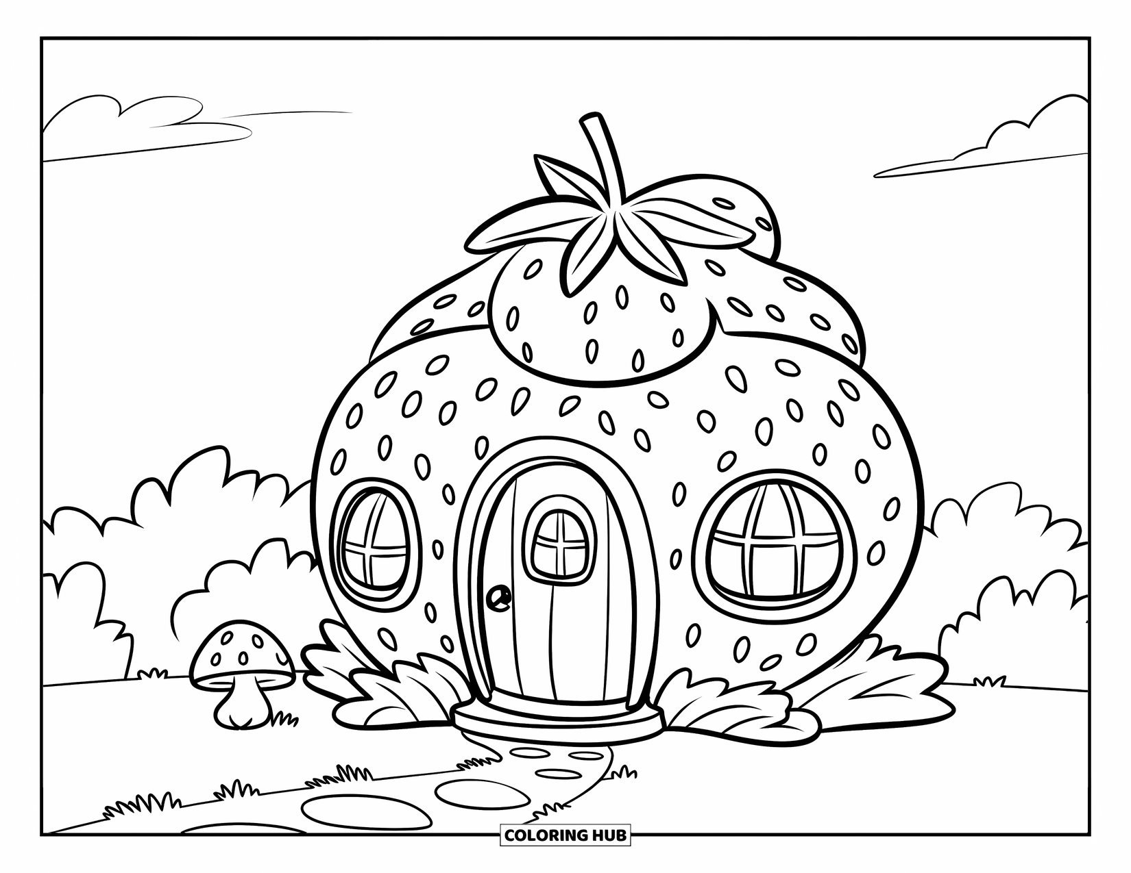 Strawberry Coloring Page for Kids: A cozy strawberry house with a thatched roof, a garden path, and a mushroom nearby