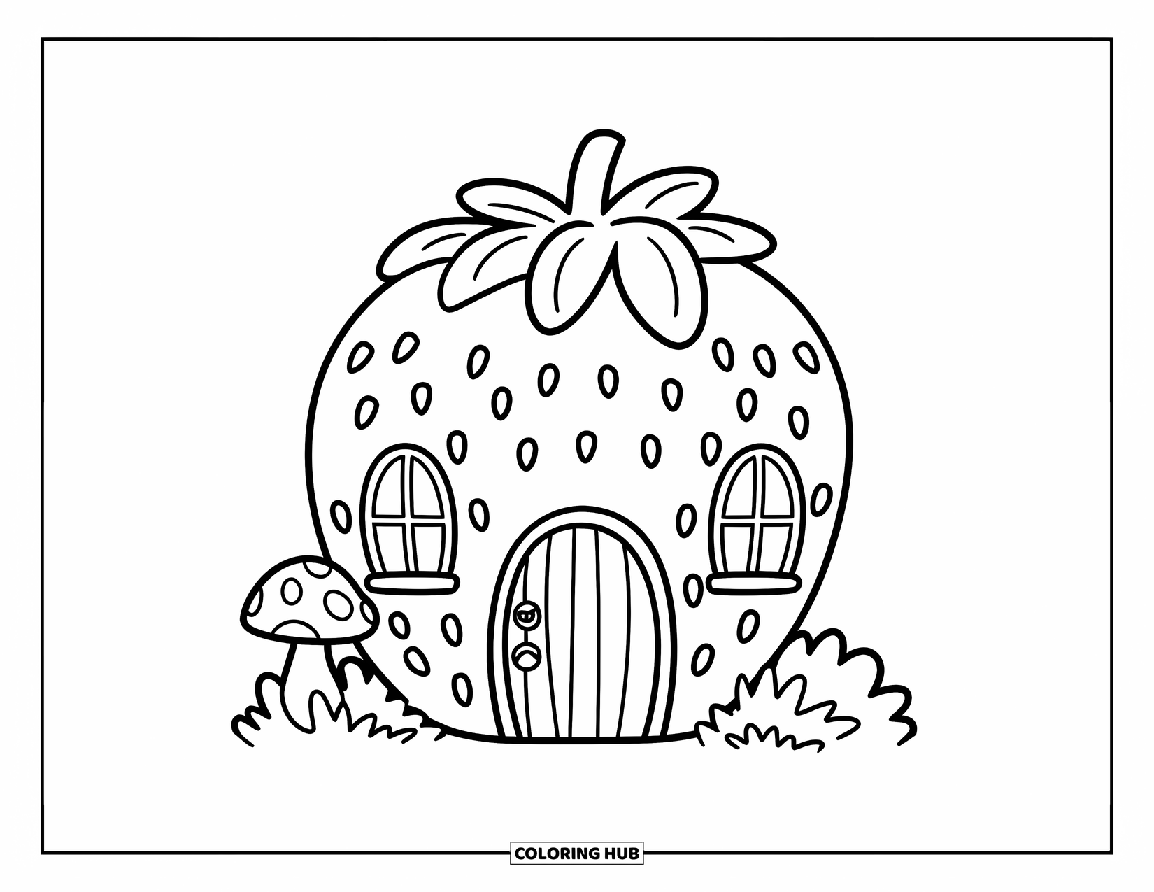 Strawberry Coloring Page for Kids: A cute strawberry-shaped house with a door, windows, and a tiny mushroom in the garden