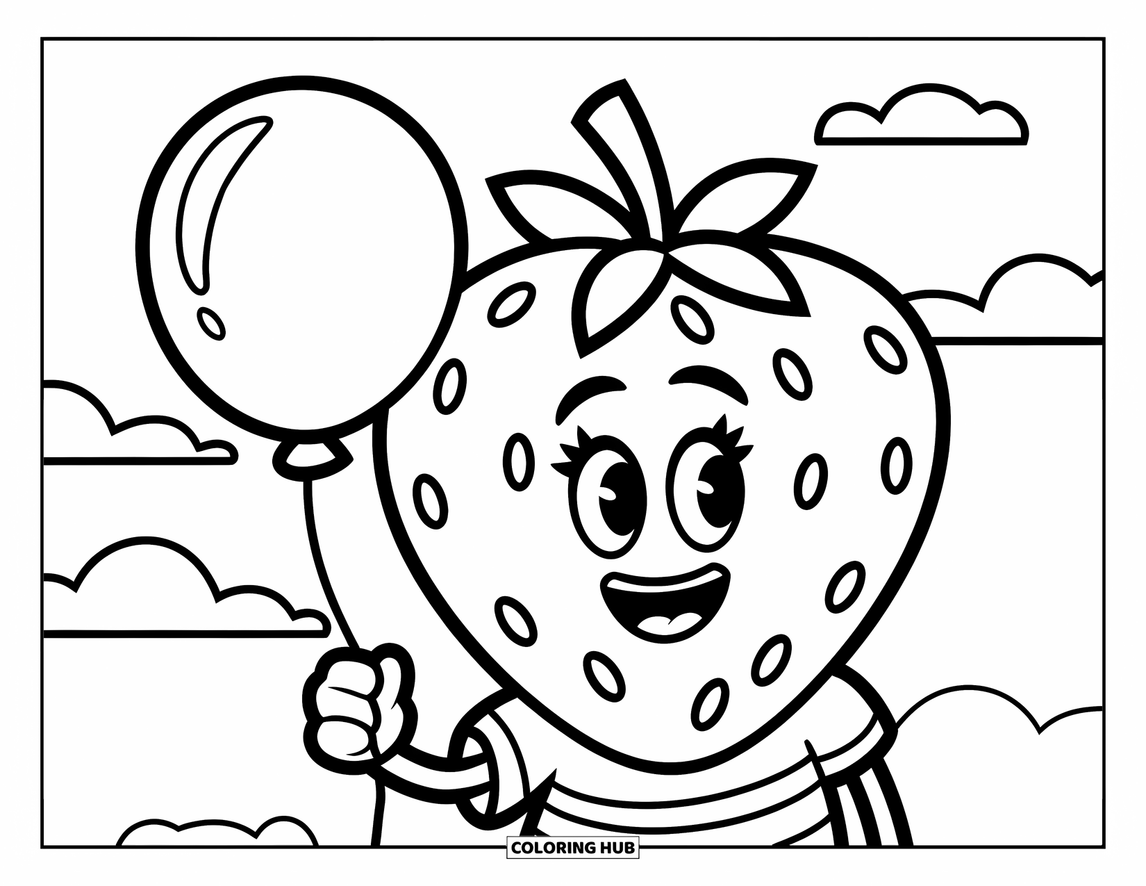 Strawberry Coloring Page for Kids: A cute strawberry wearing a striped shirt holds a balloon under a simple, cloudy sky