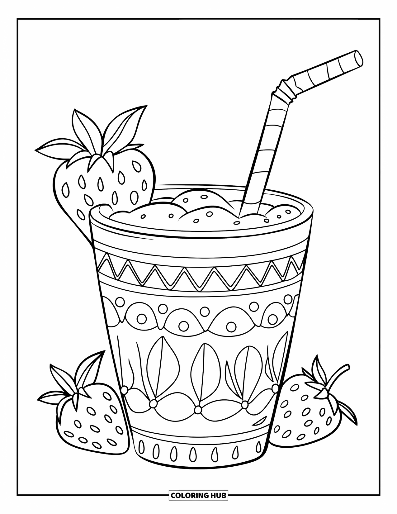 Strawberry Coloring Page for Kids: A decorated glass of strawberry smoothie with a straw and fruit garnish