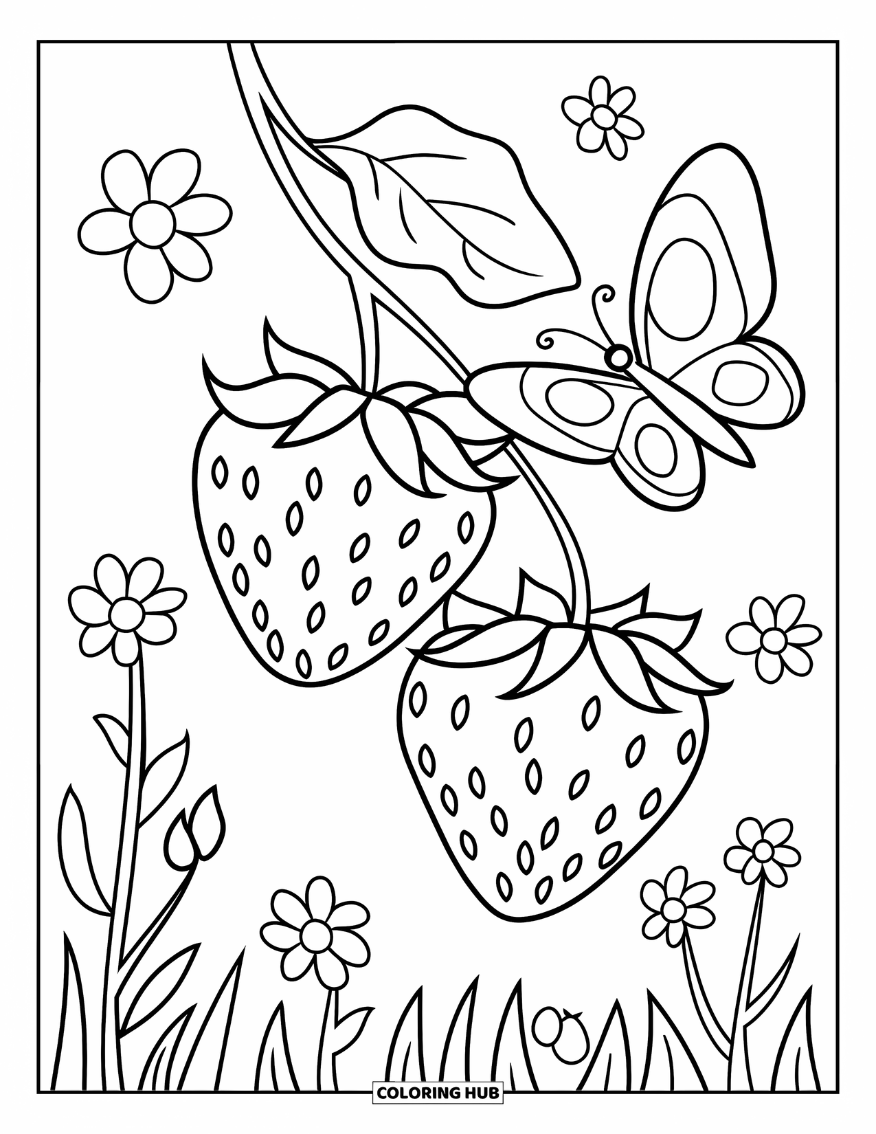 Strawberry Coloring Page for Kids: A delicate vine with two strawberries and a butterfly, surrounded by scattered flowers