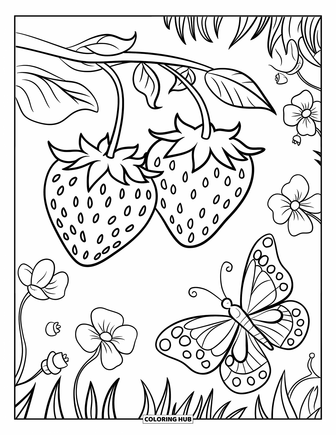 Strawberry Coloring Page for Kids: A gentle scene of strawberries on a vine with a butterfly and scattered flowers