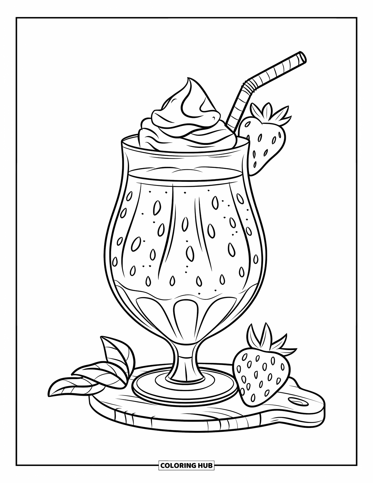 Strawberry Coloring Page for Kids: A glass of strawberry smoothie topped with whipped cream and a strawberry slice