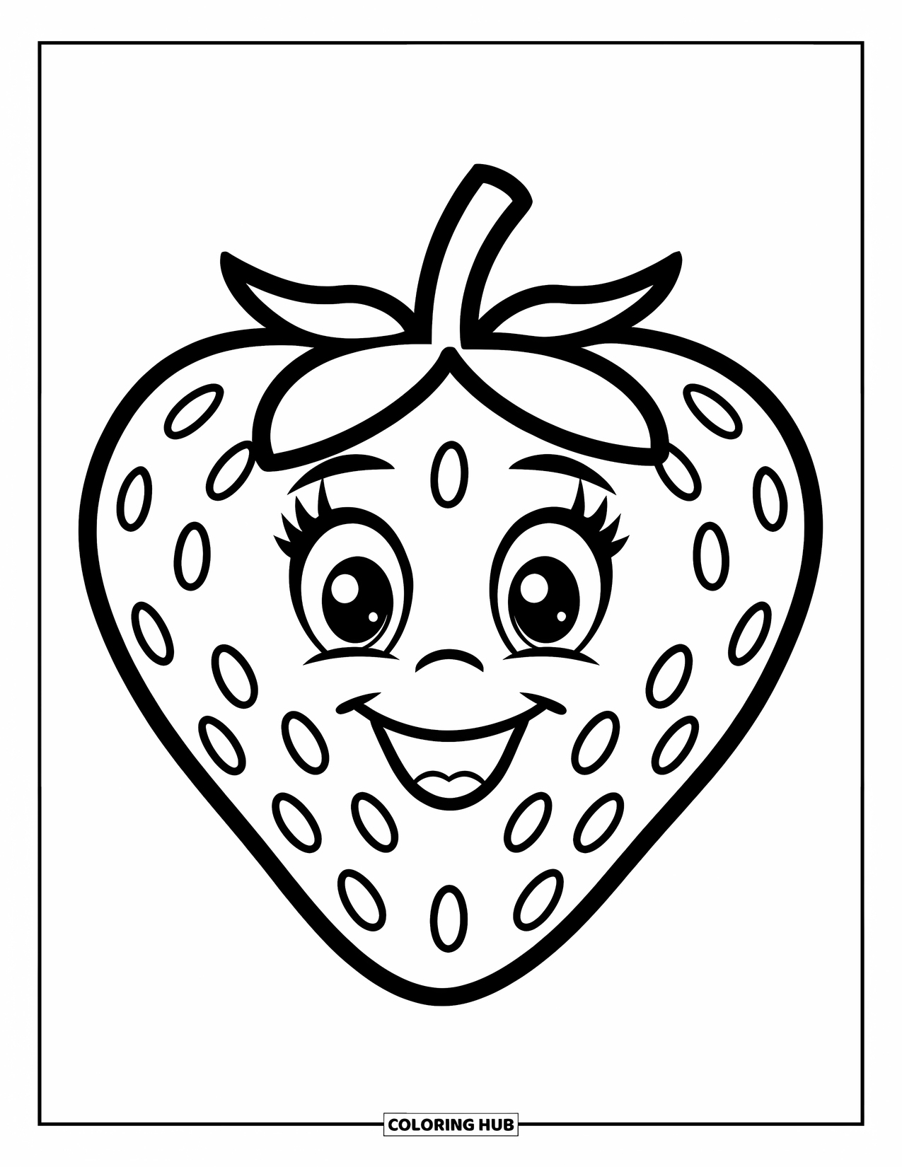 Strawberry Coloring Page for Kids: A happy-faced strawberry with a simple, bold design for easy coloring