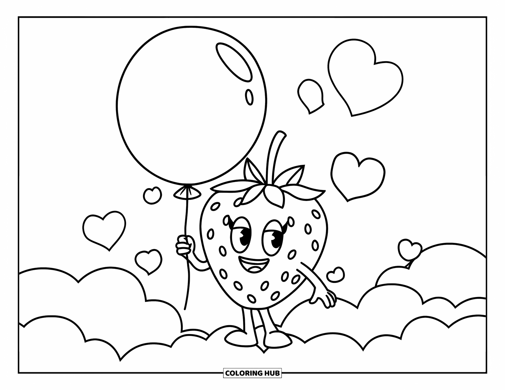 Strawberry Coloring Page for Kids: A happy strawberry with a balloon floats among hearts in a clear sky