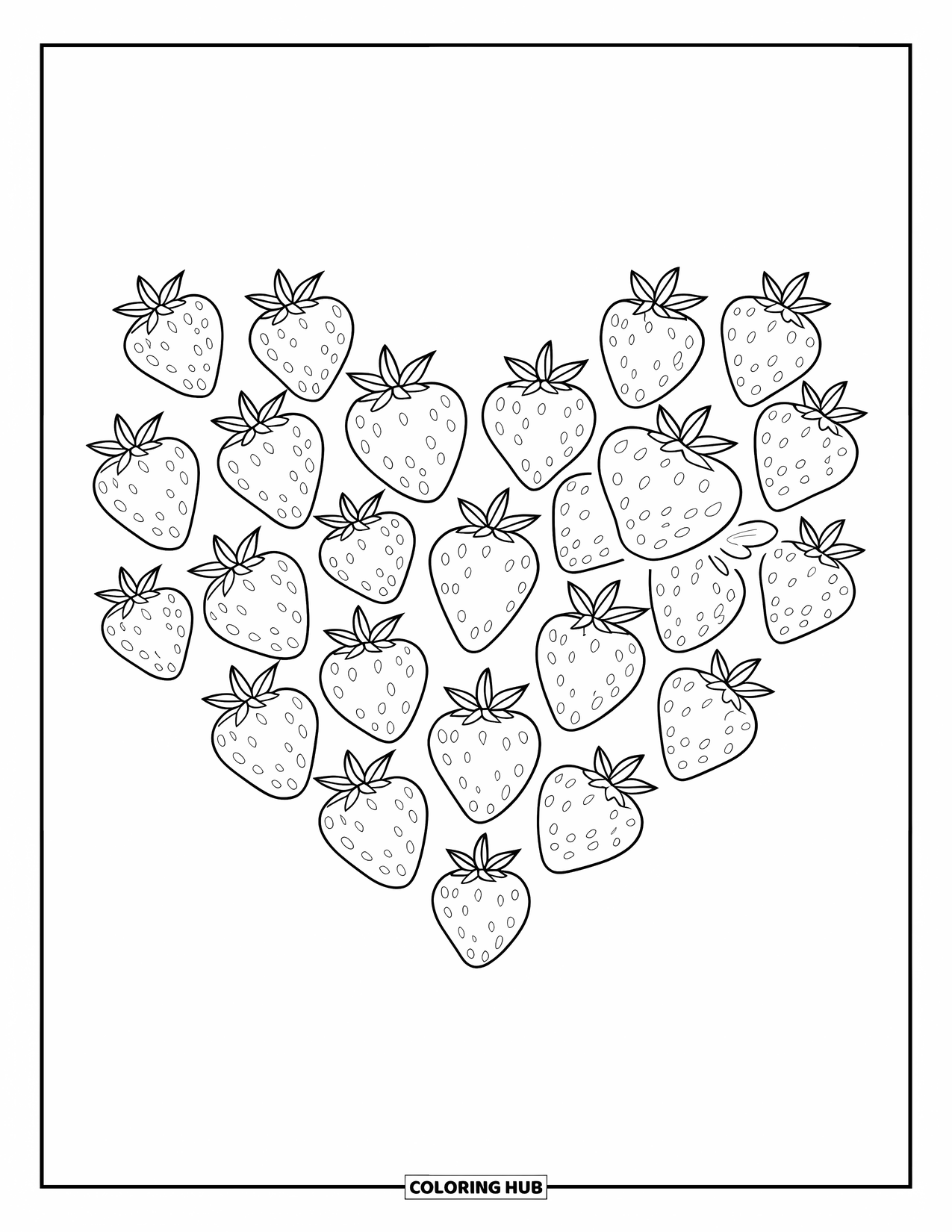 Strawberry Coloring Page for Kids: A heart made of strawberries with seeds and leafy tops, set against a plain background