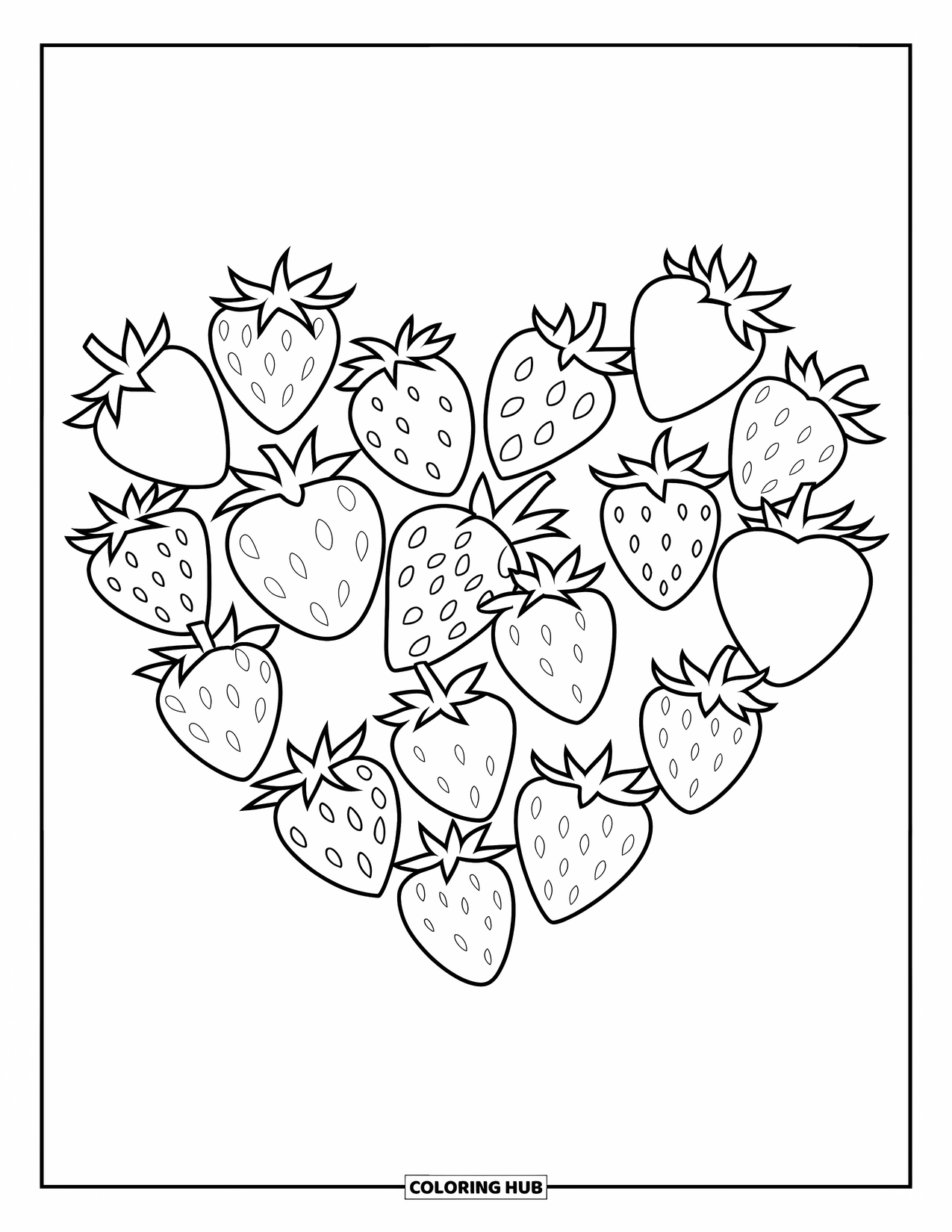 Strawberry Coloring Page for Kids: A heart-shaped arrangement of strawberries with bold outlines