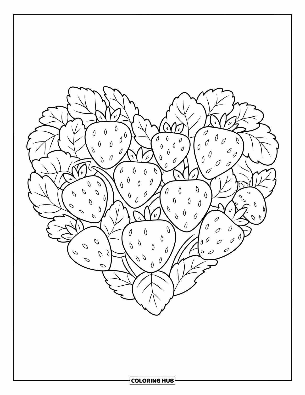 Strawberry Coloring Page for Kids: A heart-shaped pattern of strawberries with leaves and stems woven between them