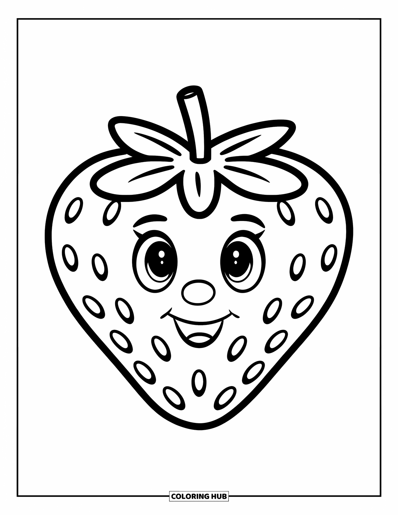 Strawberry Coloring Page for Kids: A large, smiling strawberry with clean outlines on a white background