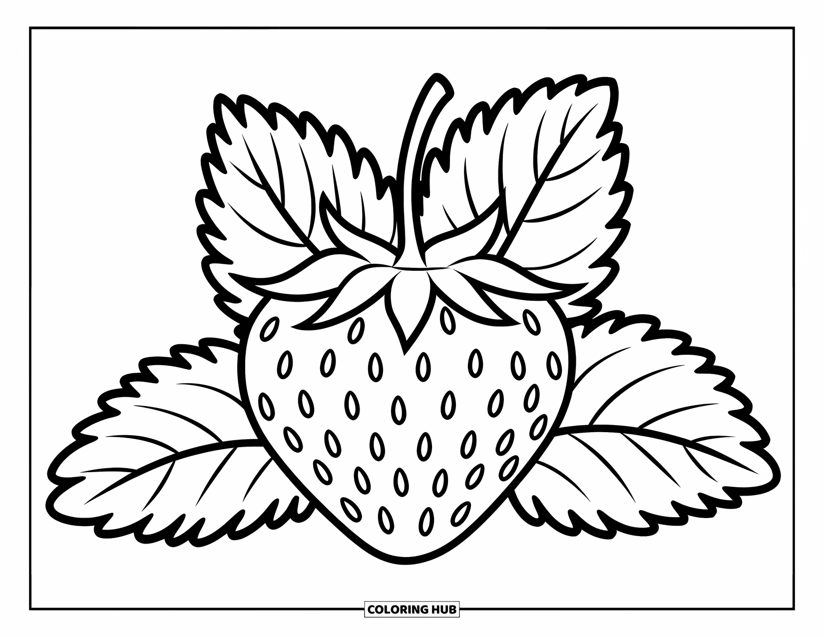 Strawberry Coloring Page for Kids: A large strawberry with three big leaves, drawn with clean, bold outlines